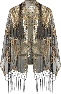 1920s Sequined Peacock Shawl Wraps Fringed Evening Cape Wedding Bridal Shawl Scarf for Evening Dresses Party, Z-black Gold, One Size