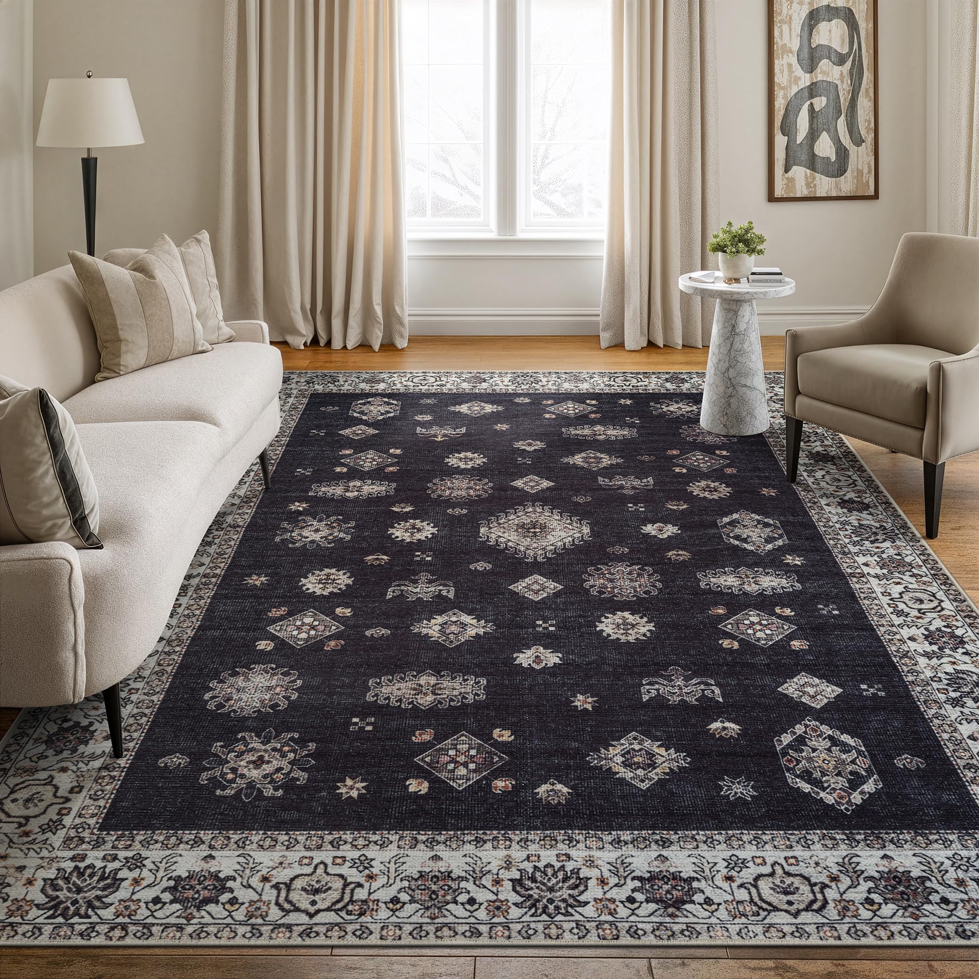Bloom Rugs Washable Non-Slip 10x14 Rug - Black/Ivory Traditional Oriental Area Rug for Living Room, Bedroom, Dining Room, and Kitchen - Exact Size: 10