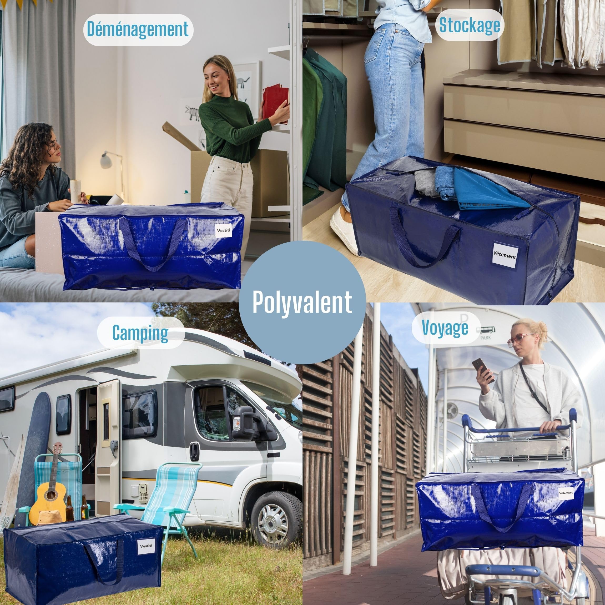 Lot De 4 Grands Sacs De Déménagement 90L Avec Sangles - Pliables, Fermeture En L Pour Cintres - Alternative Aux Cartons - Bleu