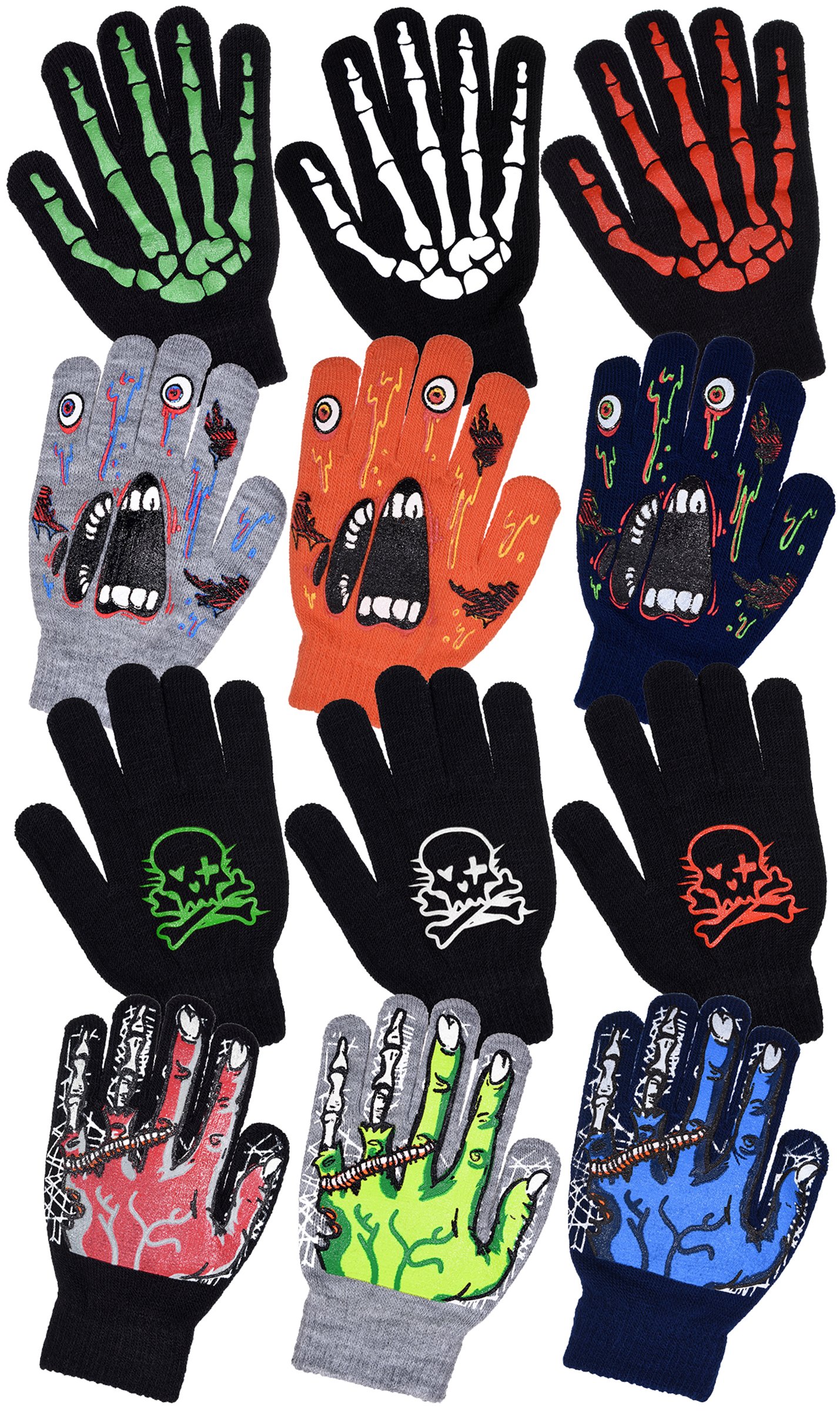 Boys Scary Skeleton & Monster Knit Glove Sets in 6 Creepy Styles and Colors (B6B1568 Monster Green)