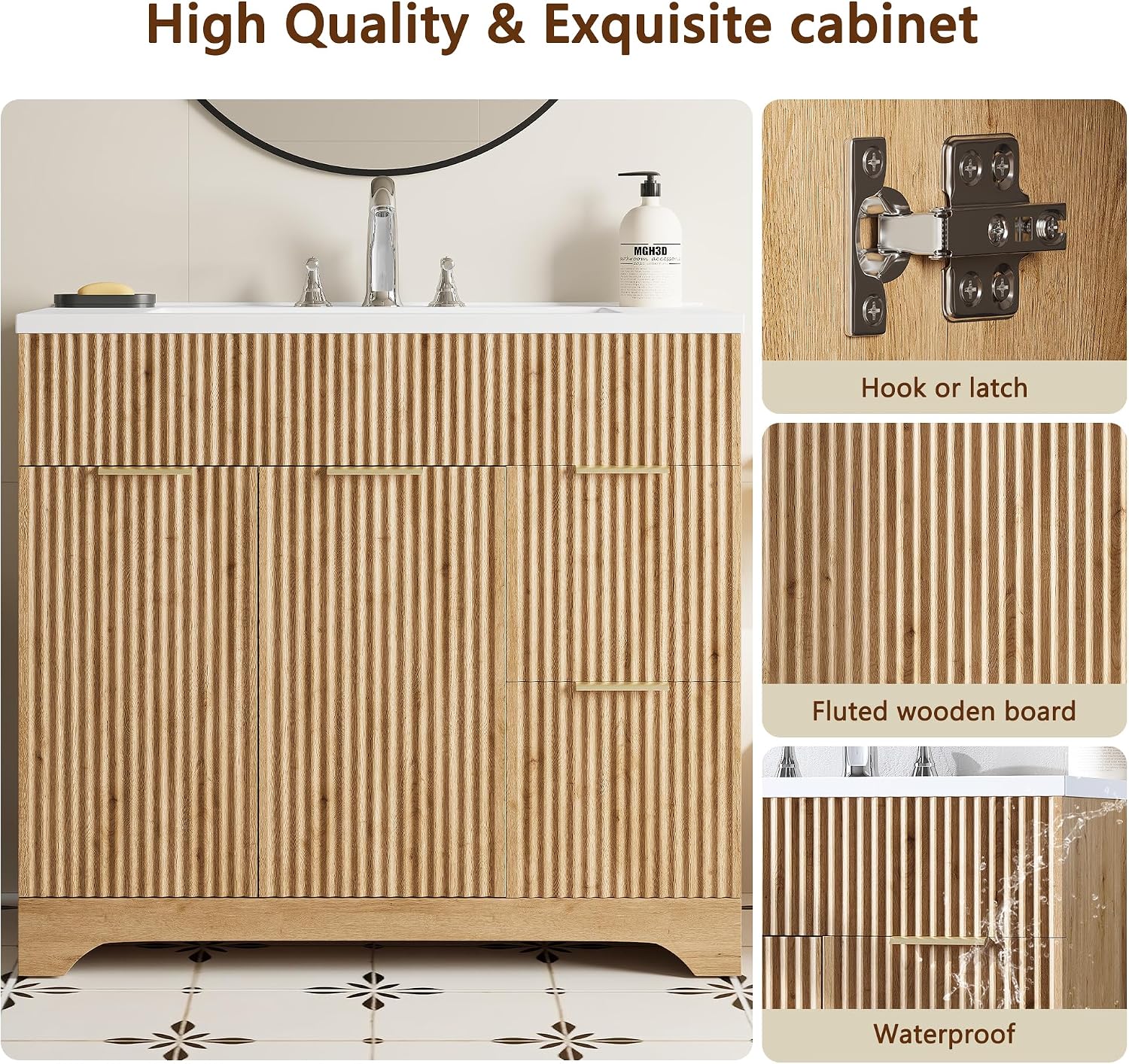 LINLUX 37“ Bathroom Vanity with Ceramic Sink, Fluted Wood Storage Cabinet, Large Drawer & Cabinet for Bathroom Organization, Easy to Clean & Install, Natural Wood
