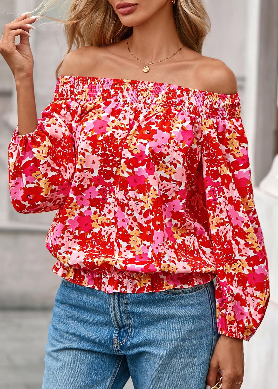KIRUNDO Early Fall Fashion Off The Shoulder Tops for Women 2025 Boho Floral Blouse Long Sleeve Shirts Going Out Clothing - Image 7