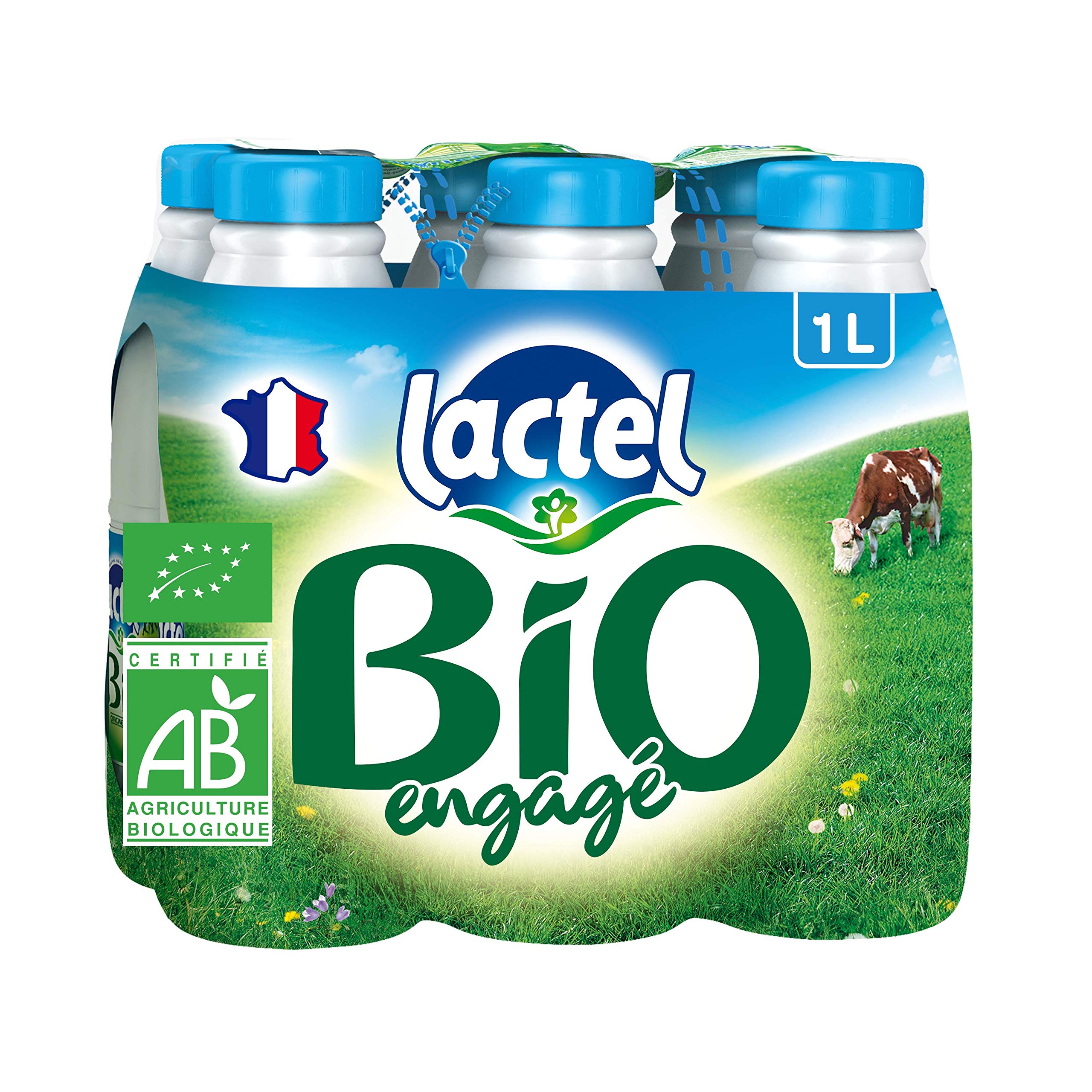 Lactel Lait demi-écrémé stérilisé UHT, certifié AB - Les 6 bouteilles de 1L