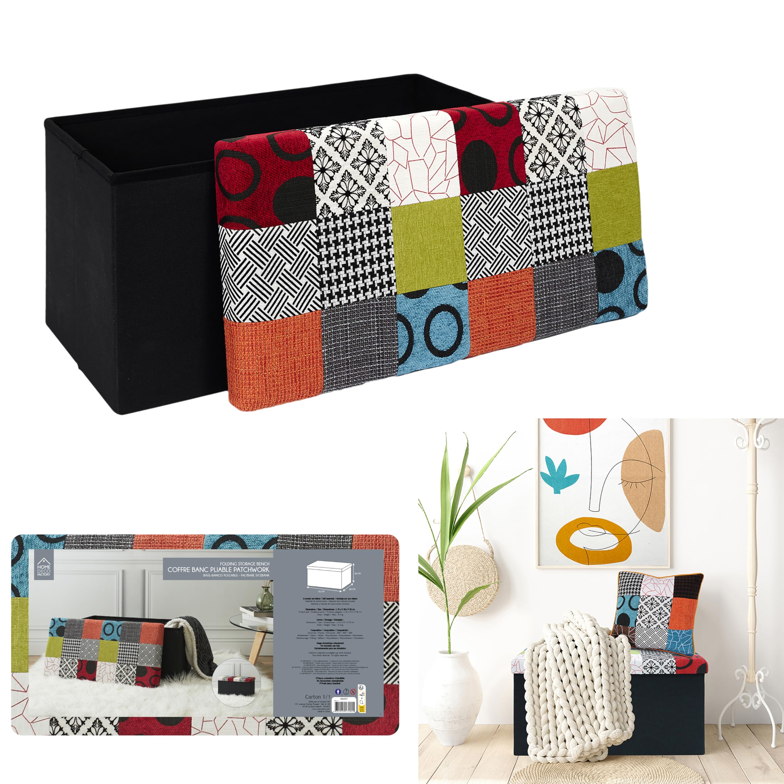 HOME DECO FACTORY - Coffre Banc Pliable Patchwork Gris 76X38X38 cm HOME DECO FACTORY - Coffre Banc Pliable Patchwork Gris 76X38X38 cm