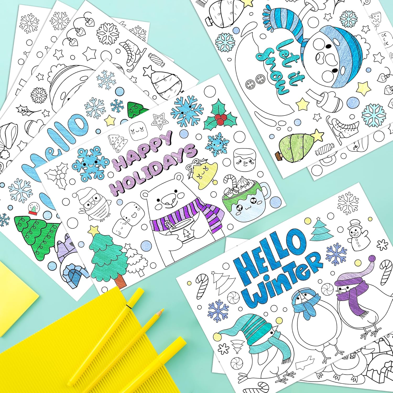 ANGOLIO Hello Winter Scene Coloring Pages - 32Pcs Christmas Coloring Pages for Kids Bulk Snowman Polar Bear Penguin Coloring Poster for Kids Winter Christmas Classroom Home Holiday Party Supplies - Image 6