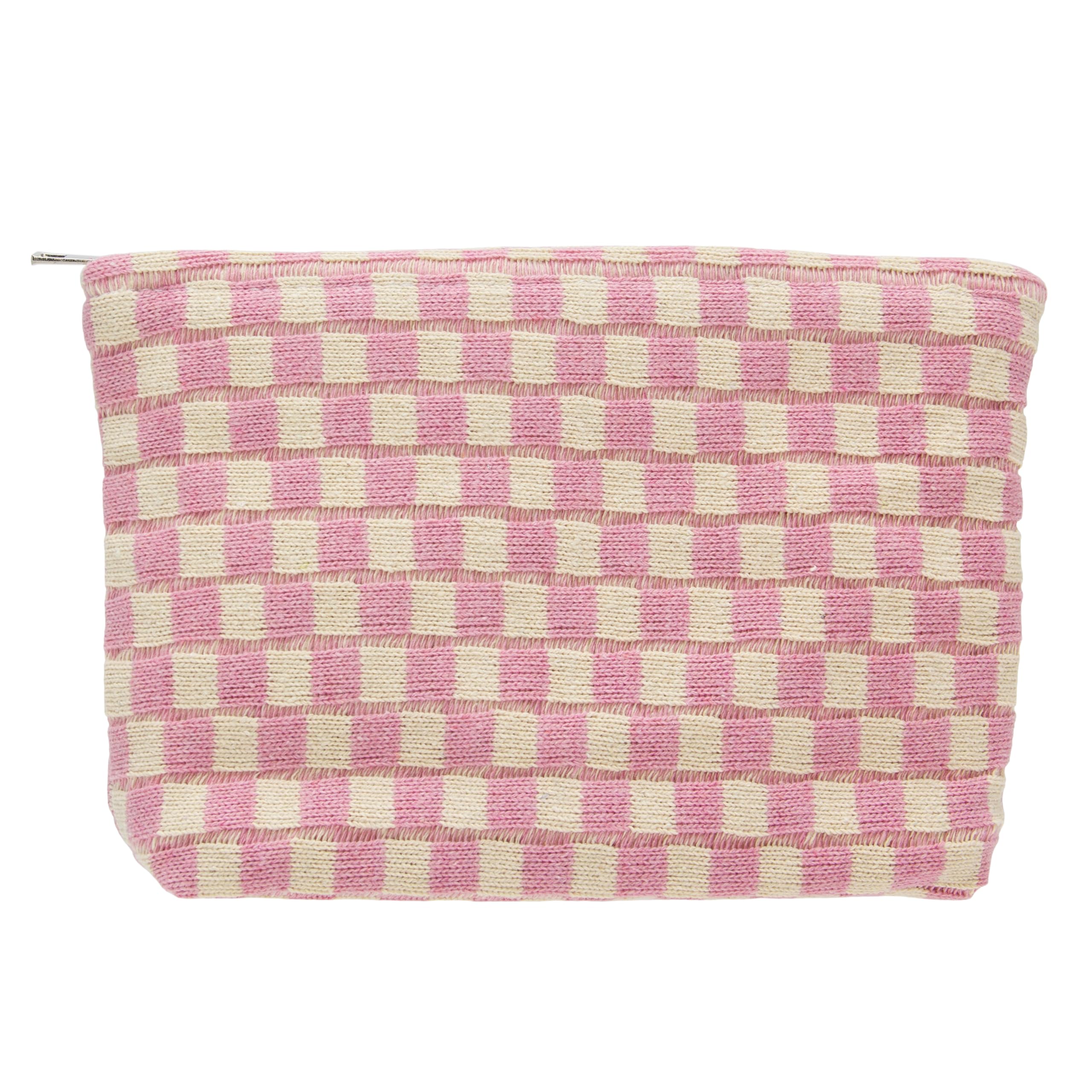 Knitted Checkered Makeup Bag Large Zipper Make Up Accessory Pouch for Purse Cosmetic Brush Bag for Travel Essential Pink Beige