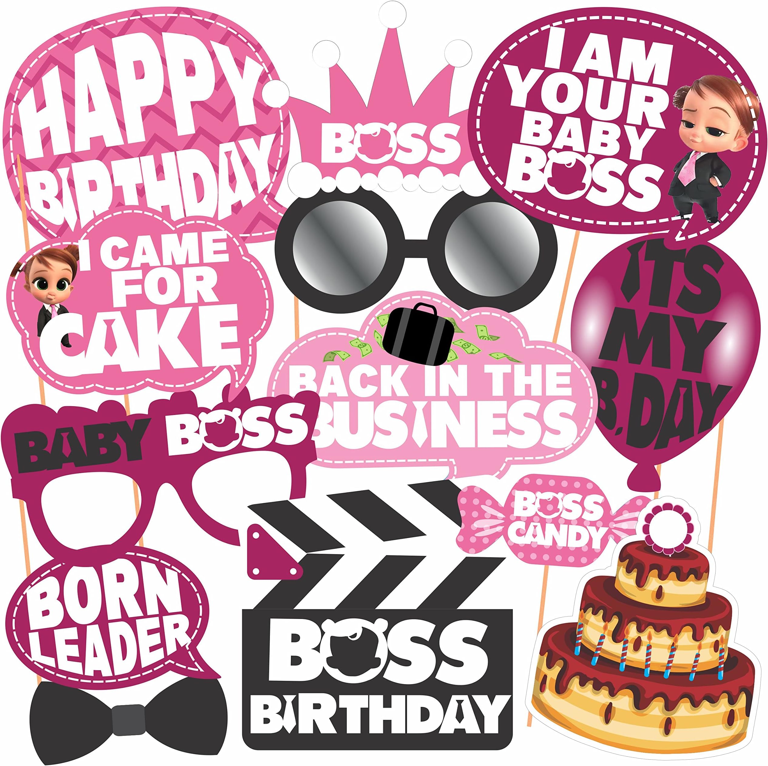 WOBBOX Happy Birthday Baby Boss Theme Photo Booth Party Props Pink Color, Birthday Party Deocration Items, Party Decoration Item (13 Pcs)