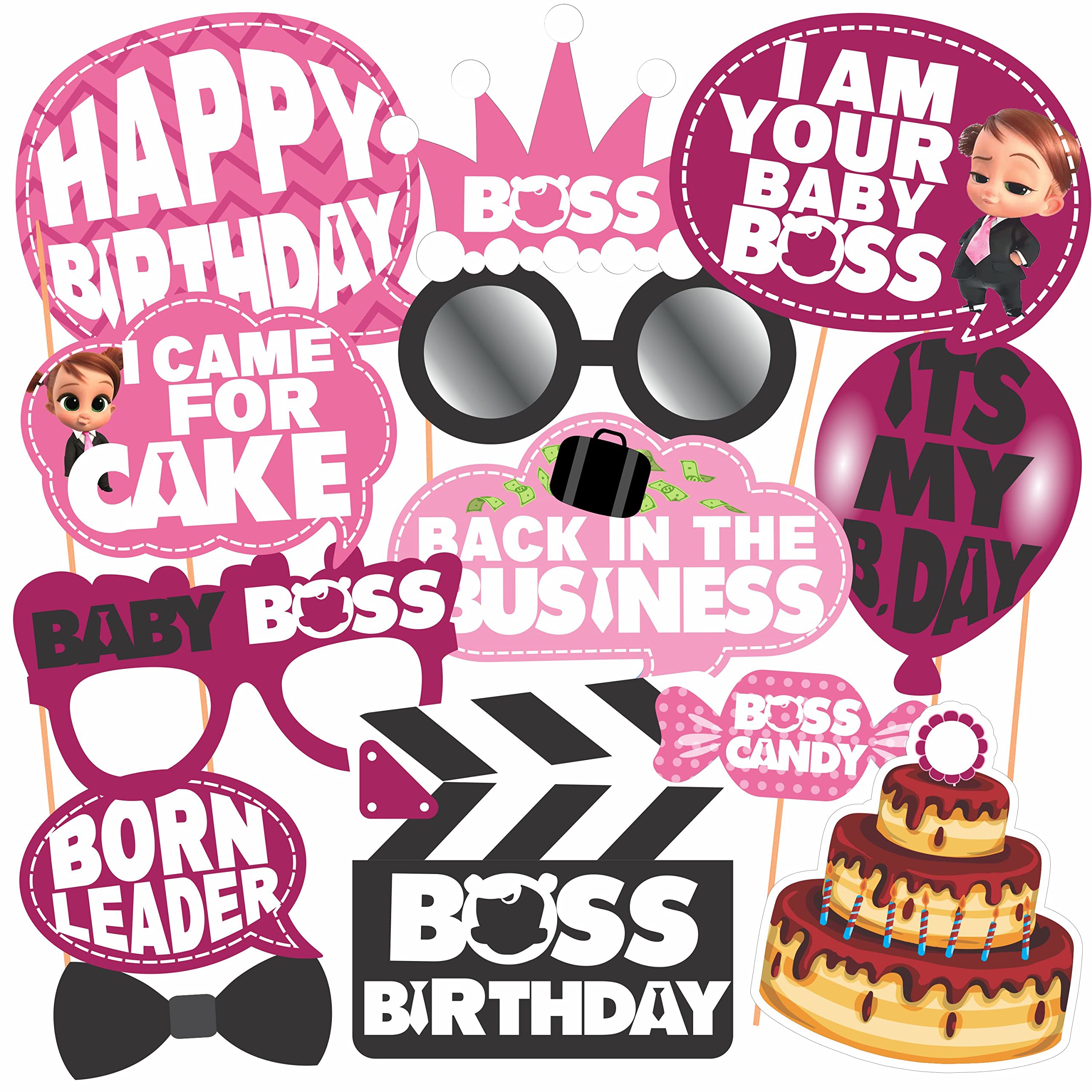 WOBBOX Happy Birthday Baby Boss Theme Photo Booth Party Props Pink Color, Birthday Party Deocration Items, Party Decoration Item (13 Pcs)