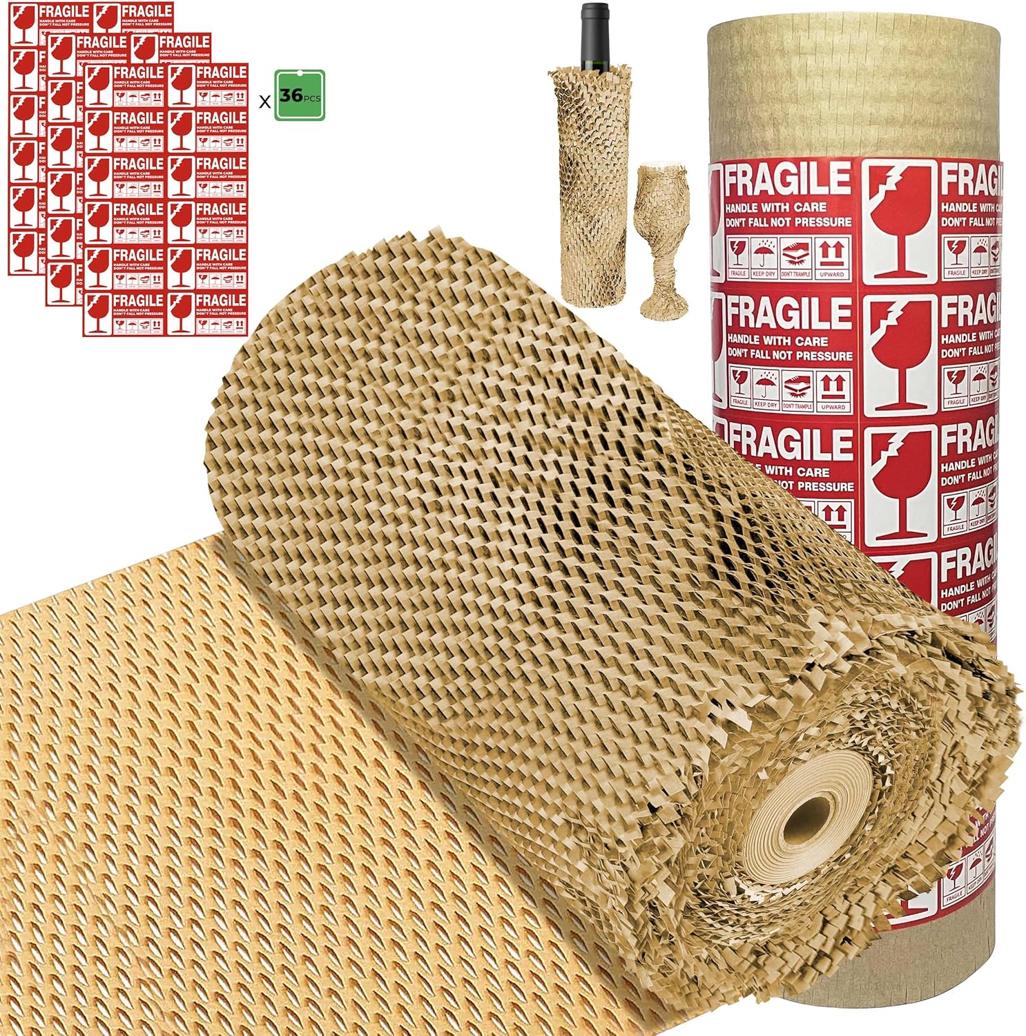 Honeycomb Packing Paper Wrap 15''360', Substitute Alternative for Bubble Cushioning Wrap for Moving Shipping Packaging, Recyclable Moving Supplies with 36 Fragile Sticker Labels