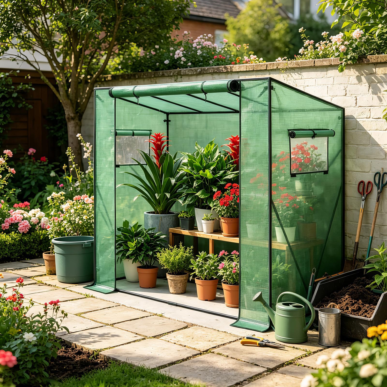 WOLTU Foliengewächshaus 130 g/m², PE halbtransparente Tomatengewächshaus, Plane wasserdicht wetterfest Mehrzwecktreibhaus Pflanzenhaus, Garten, Terrasse, Hinterhof, 200x77x146/169 cm, Grün