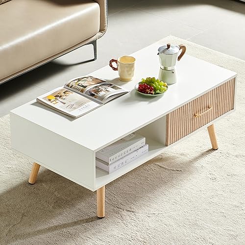 Miniatura 22 de Mesa de centro de madera de 41.3 pulgadas con almacenamiento, mesa de sofá central rectangular moderna con panel de puerta deslizante de ratán de
