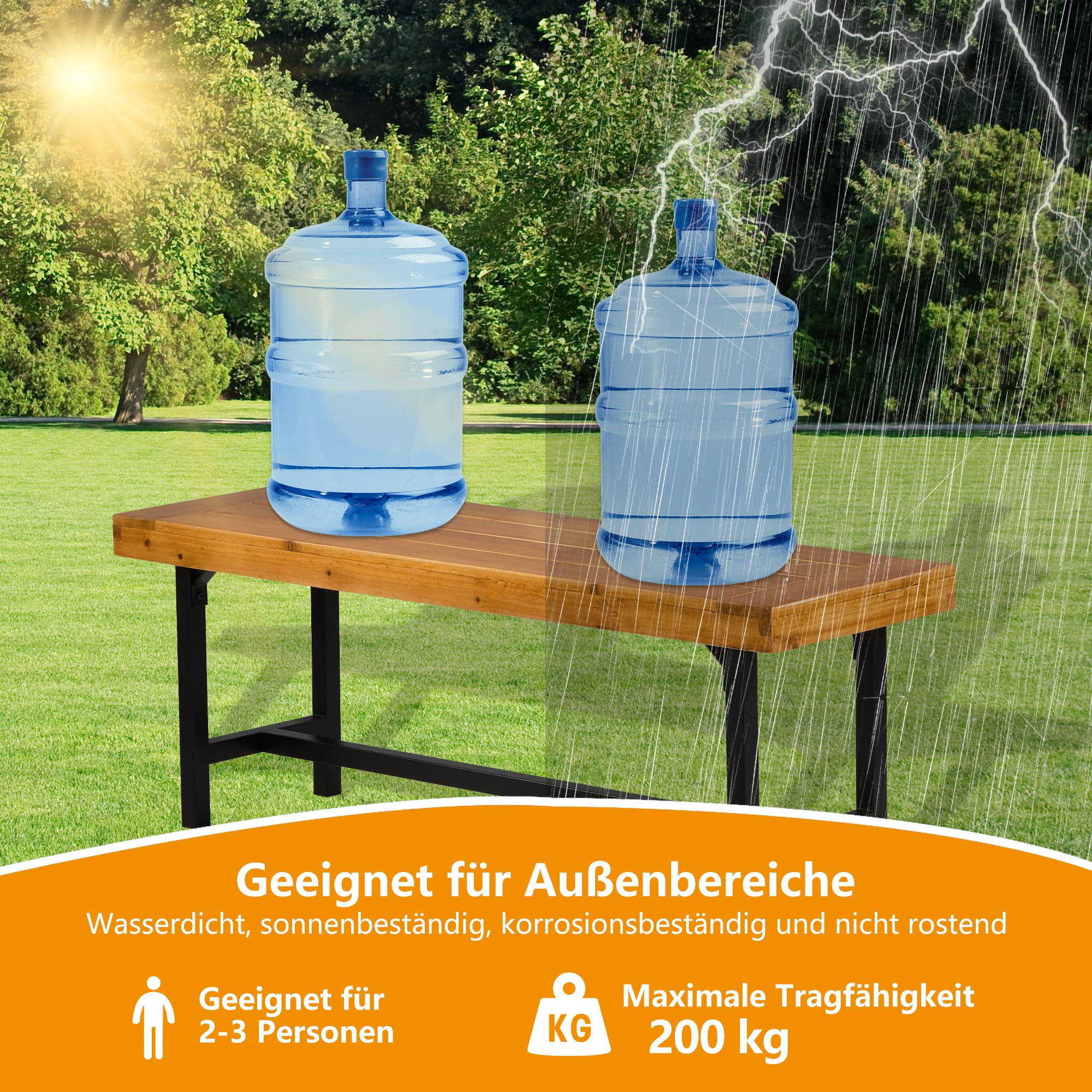 Mingone Gartenbank Holz 120 cm 2-Sitzer sitzbank ohne Rückenlehne | Balkonbank, wetterfest, für Park Veranda, Outdoor Gartenmöbel