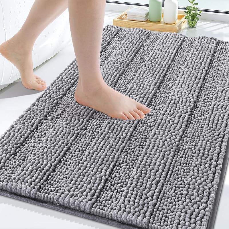 Grandaily Chenille Striped Bathroom Rugs 30x20, Extra Thick and Soft Absorbent Bath Mats, Rubber Backing, Plush Shaggy Shower Carpet, Machine Wash Dry, Bath Rug for Bathroom, Grey