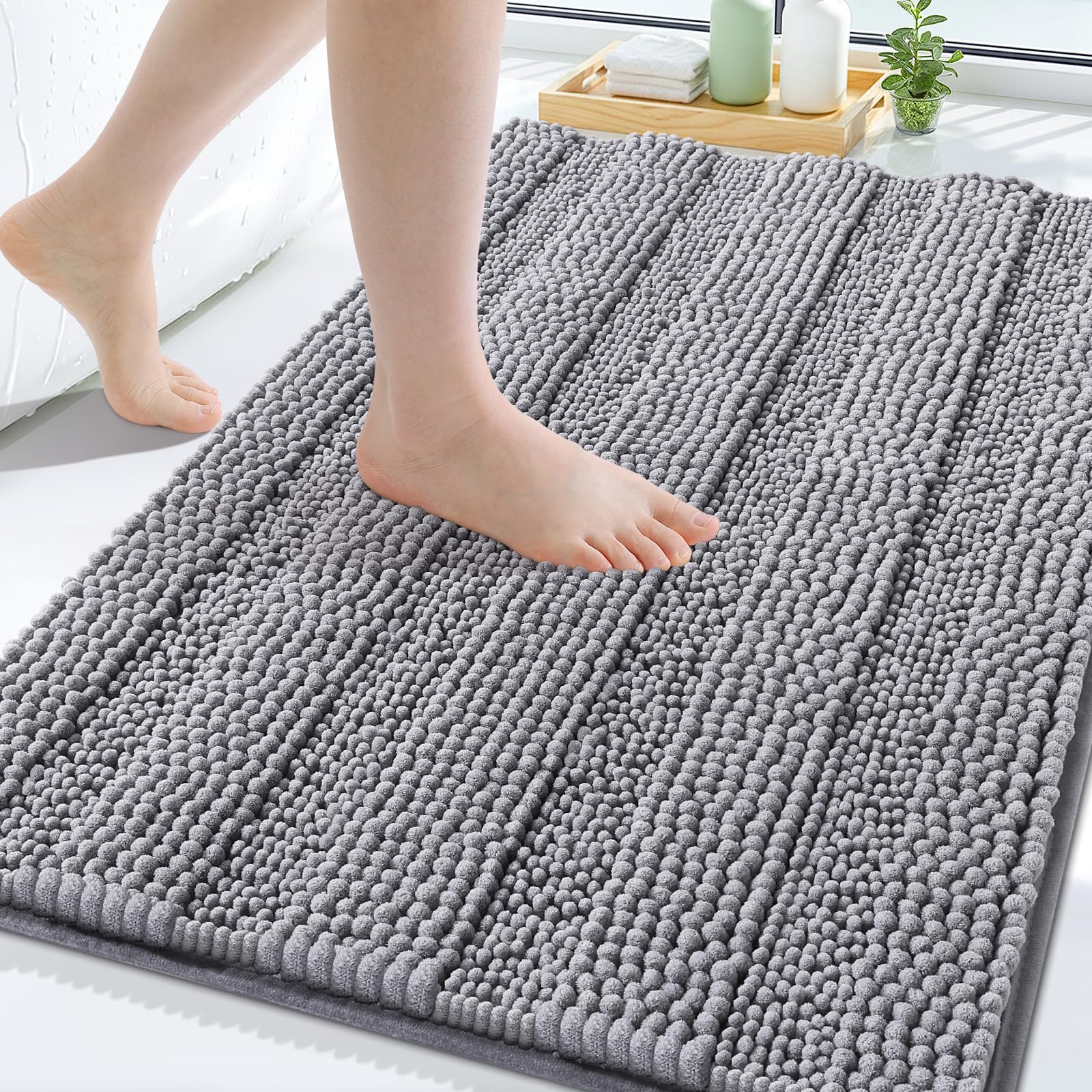 Grandaily Chenille Bathroom Rugs 30x20, Soft Absorbent Bath Mats, Grey