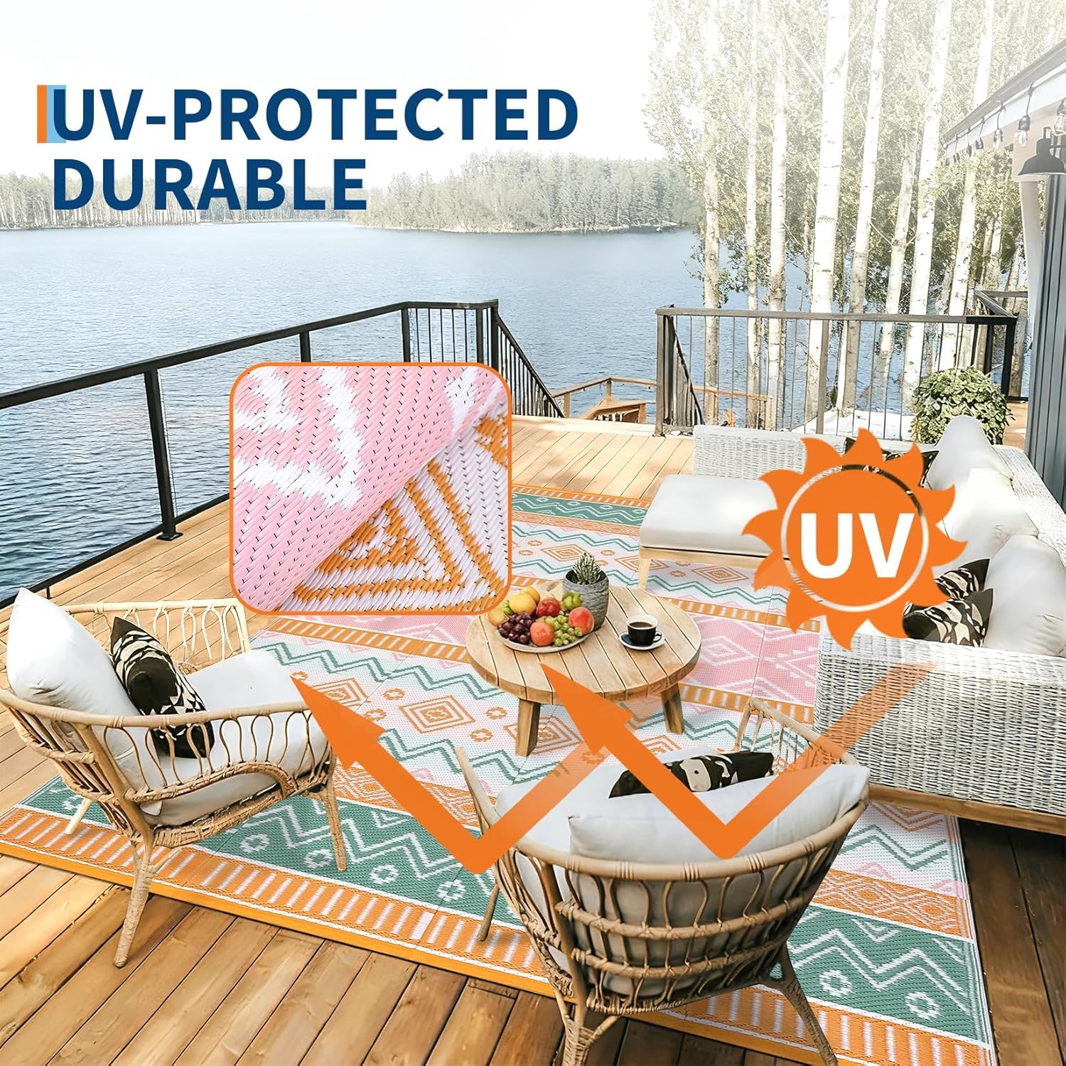 GarveeHome 9x12 Outdoor Area Rug Waterproof Plastic Straw Rug, Reversible RV Mat, Stain-Resistant Indoor Outdoor Carpet for Picnic, Deck, Balcony, Beach, Patio Yellow/Green/Gray/White