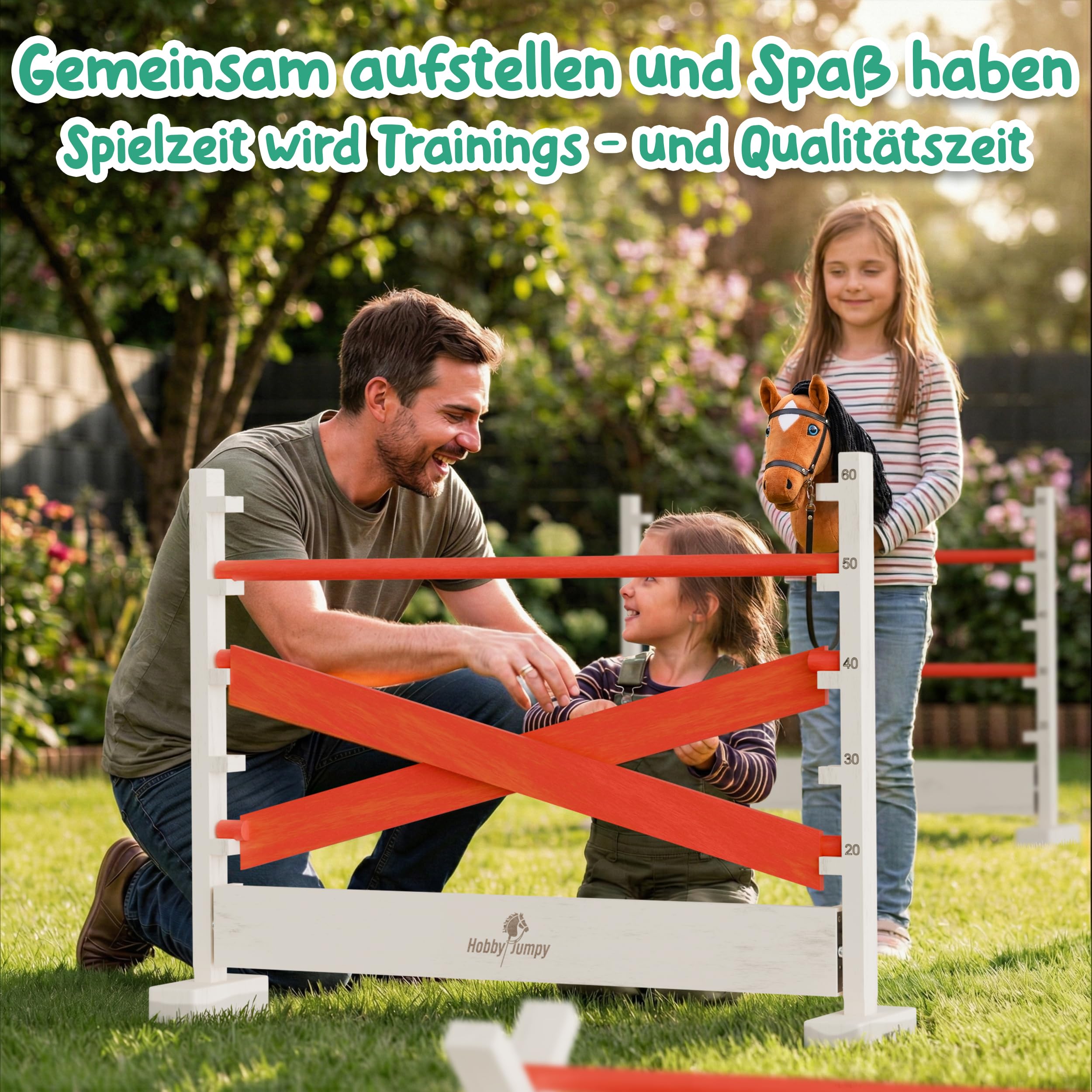 Hobby Horse Hindernisse Set höhenverstellbar – Magnet-Stecksystem massives Holz/Hobby Horsing/Hürden & Cavaletti für Kinder 3er-Set farbig