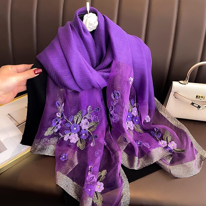 Pashmina de seda para mujer, pañuelo bordado floral miniatura 4