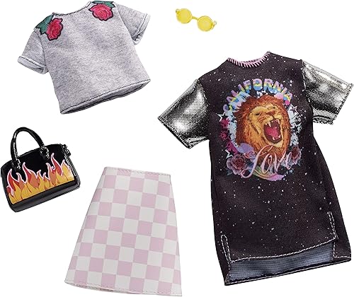 Barbie Ropa: 2 trajes de muñeca incluyen un vestido de camiseta con gráfico de rock retro y bolso decorado con llamas, regalo para niños de 3 a 8