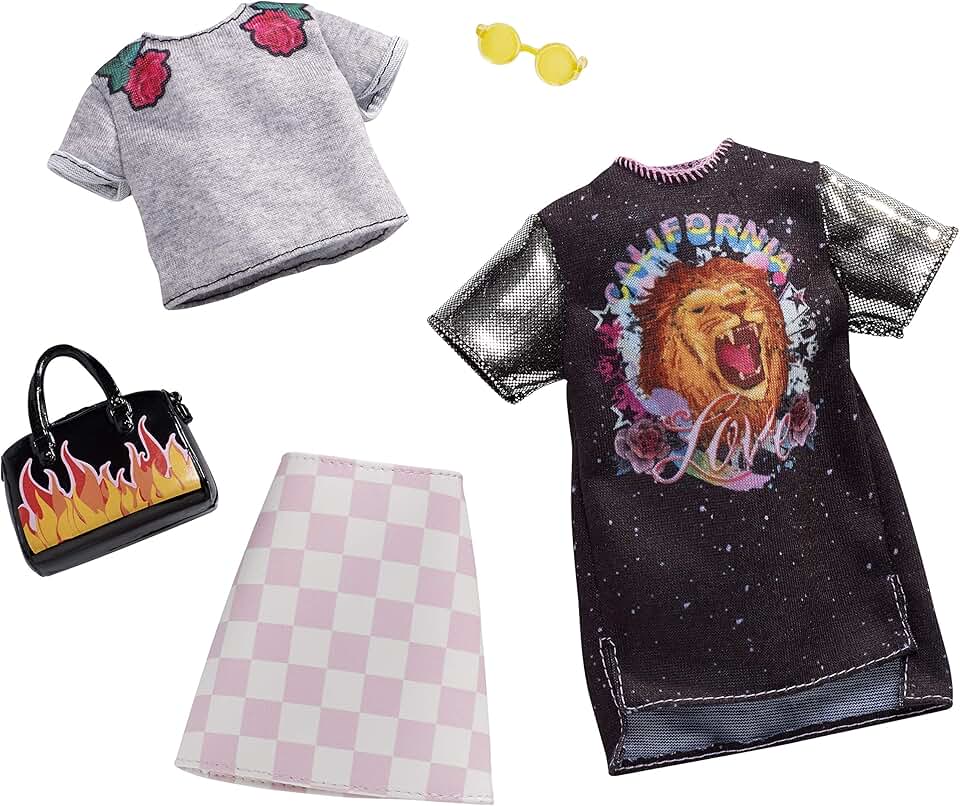 Barbie Clothes - 2 Outfits Doll Include a T-Shirt Dress with Retro Rock Graphic and Flame-Decorated Purse, Gift for 3 to 8 Year Olds