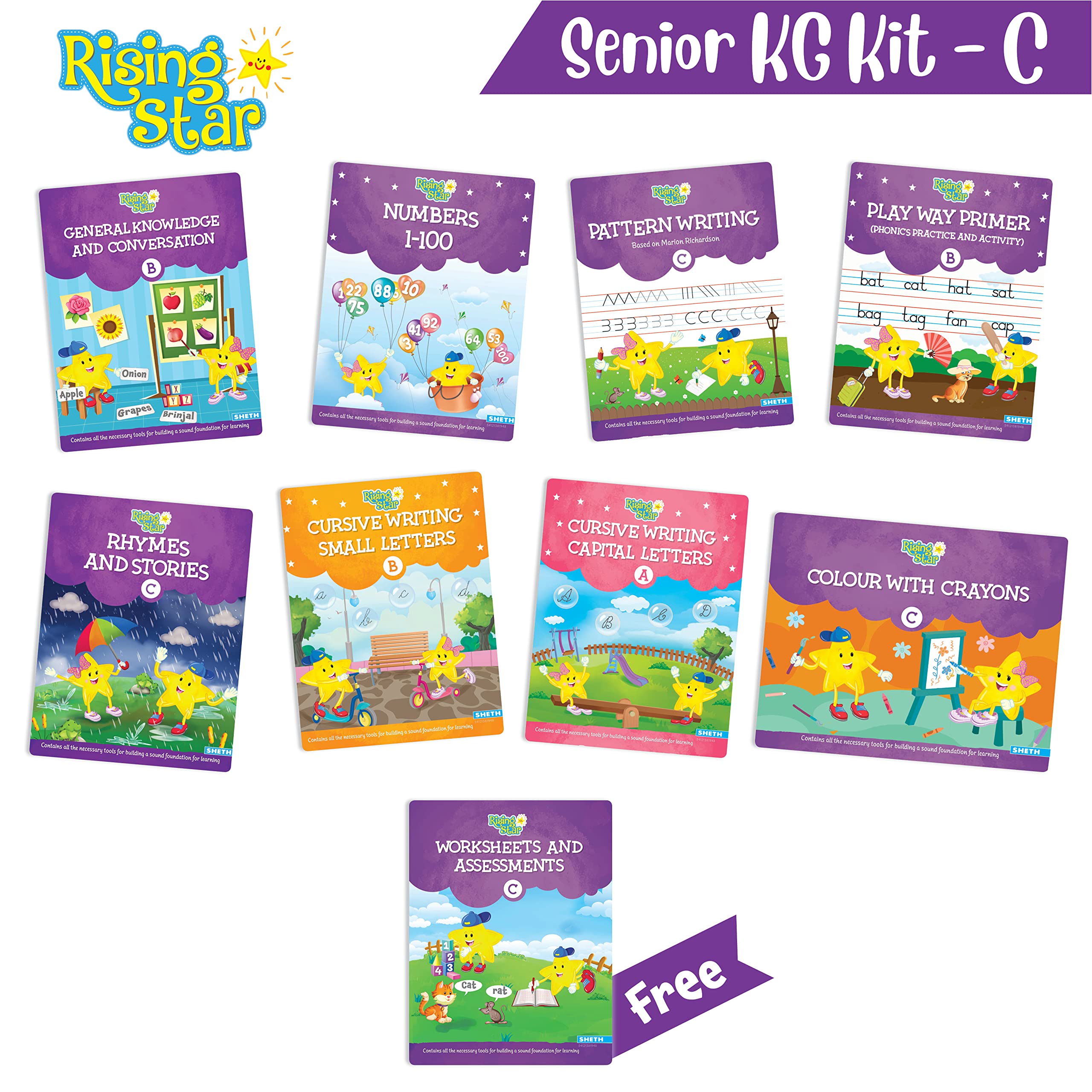 Rising Star Preschool Learning Senior Kg Kit C|Cursive Writing Capital & Small Letters|Numbers 1-100|Rhymes & Stories|Colouring Book|Free Kindergarten Worksheets|Kids Learning Books|5-6 Years