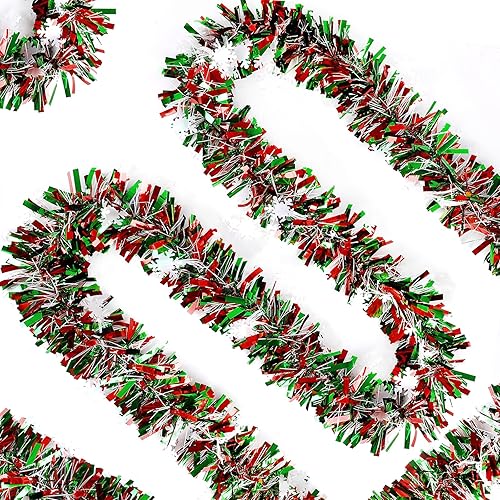 Miniatura 8 de FOIMAS Guirnalda de oropel de Navidad de 33 pies, guirnalda metálica de Navidad con copo de nieve blanco y colgante de techo para árbol de Navidad,