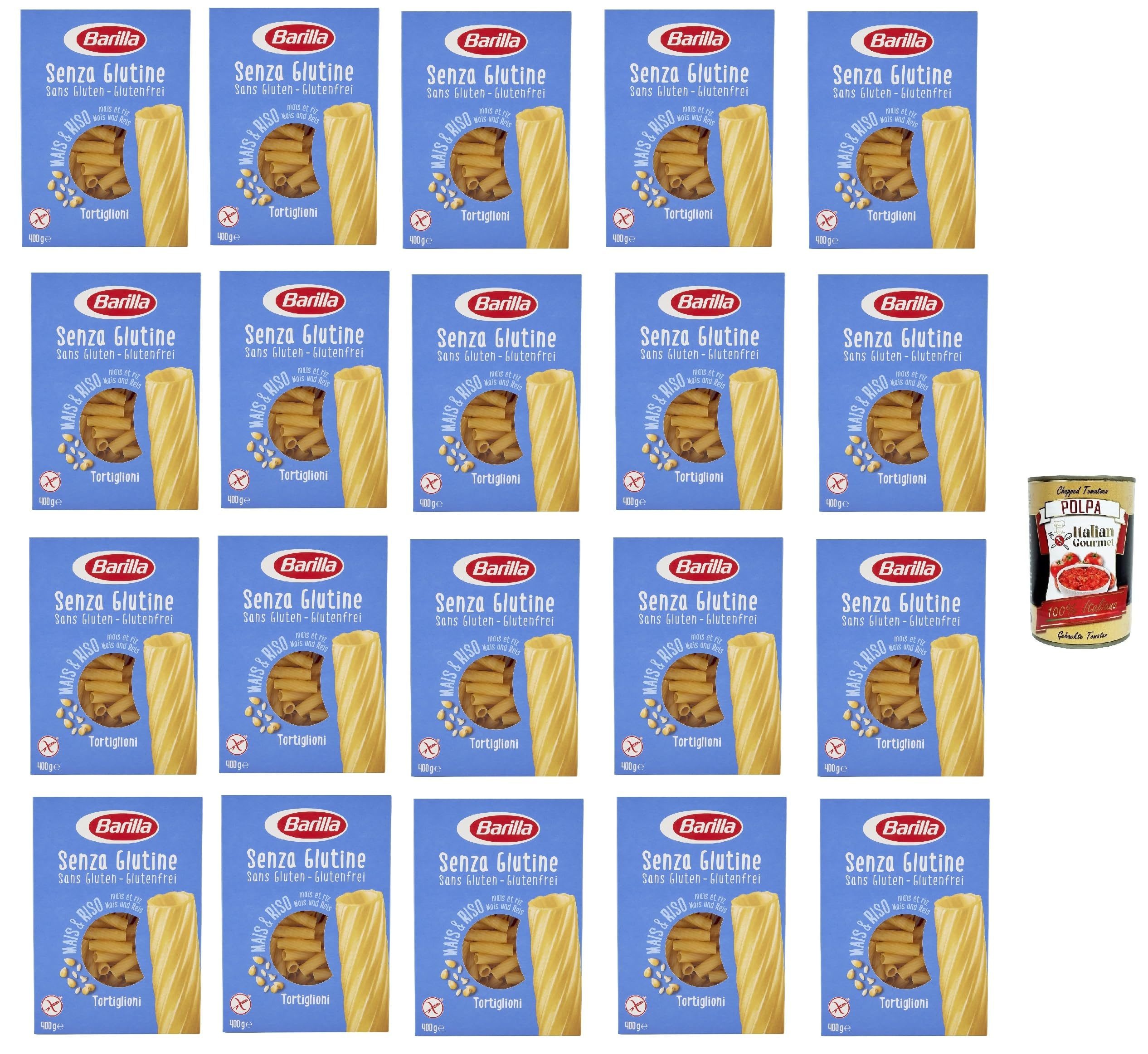 Italian Gourmet Bundle 20x Glutenfreie Tortiglioni 400g + Italian Gourmet Polpa Gratis – Italienische Glutenfreie Pasta aus Mais & Reis – Glutenfreie Nudeln Großpackung