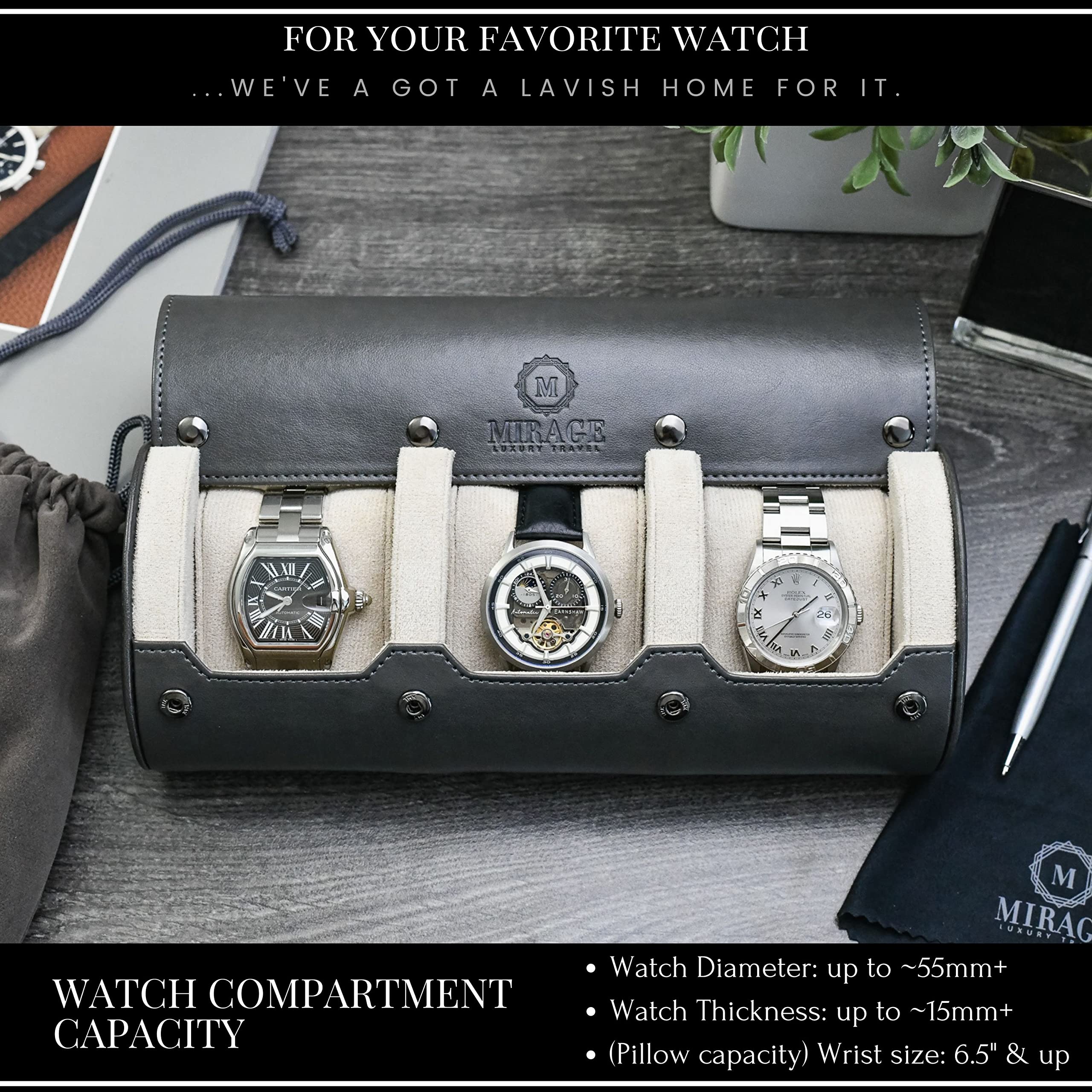 Watch Travel Case for Men Mirage Watch Roll Storage and Display slots  Slate Grey/Ivory White Interior Vegan Leather