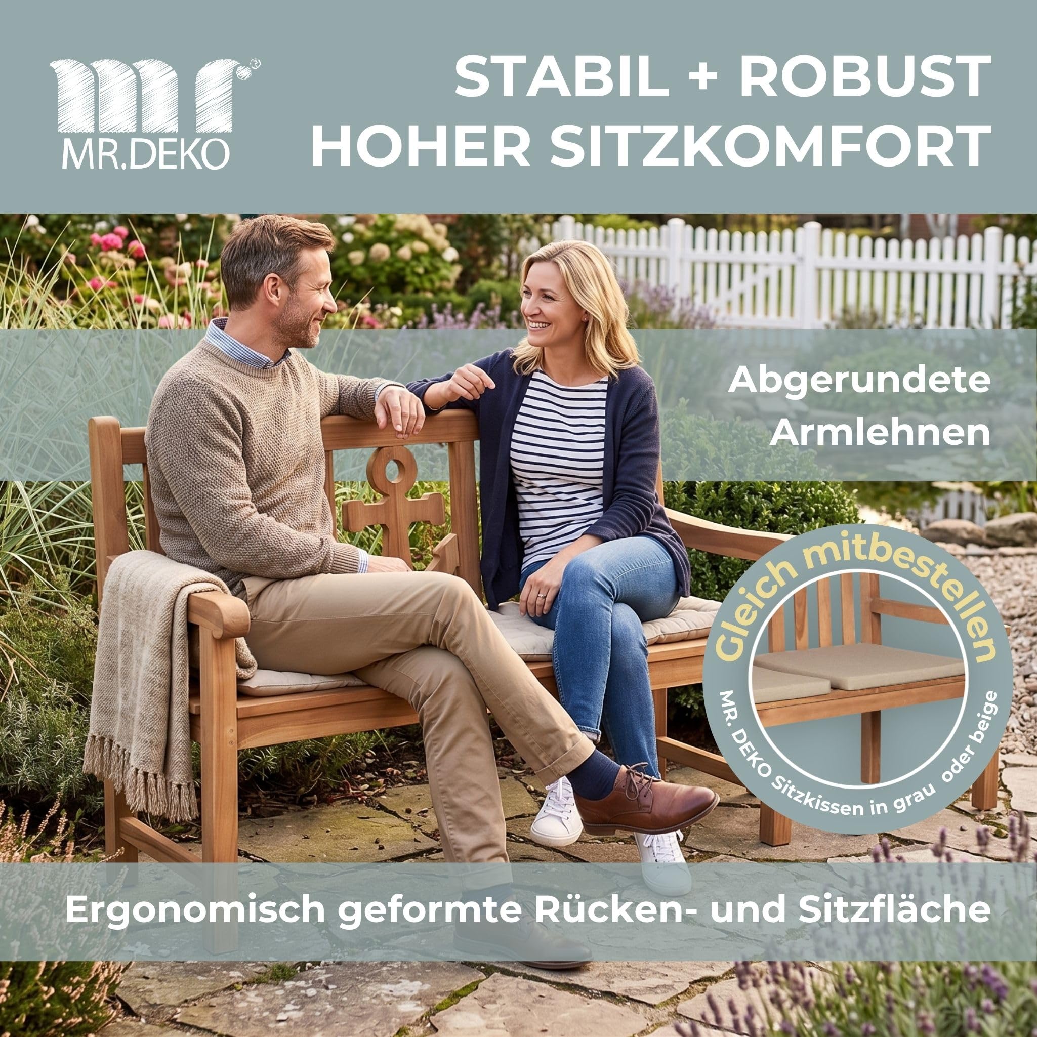 MR. DEKO Gartenbank Anker Teak Holz 120 cm | Gartenbank-Wetterfest 2-Sitzer | Holzbank Massivholz | Sitzbank Balkon Teakholz | Outdoor Bank Garten | Bänke Terrassenbank Robust | Sitzbank Outdoor