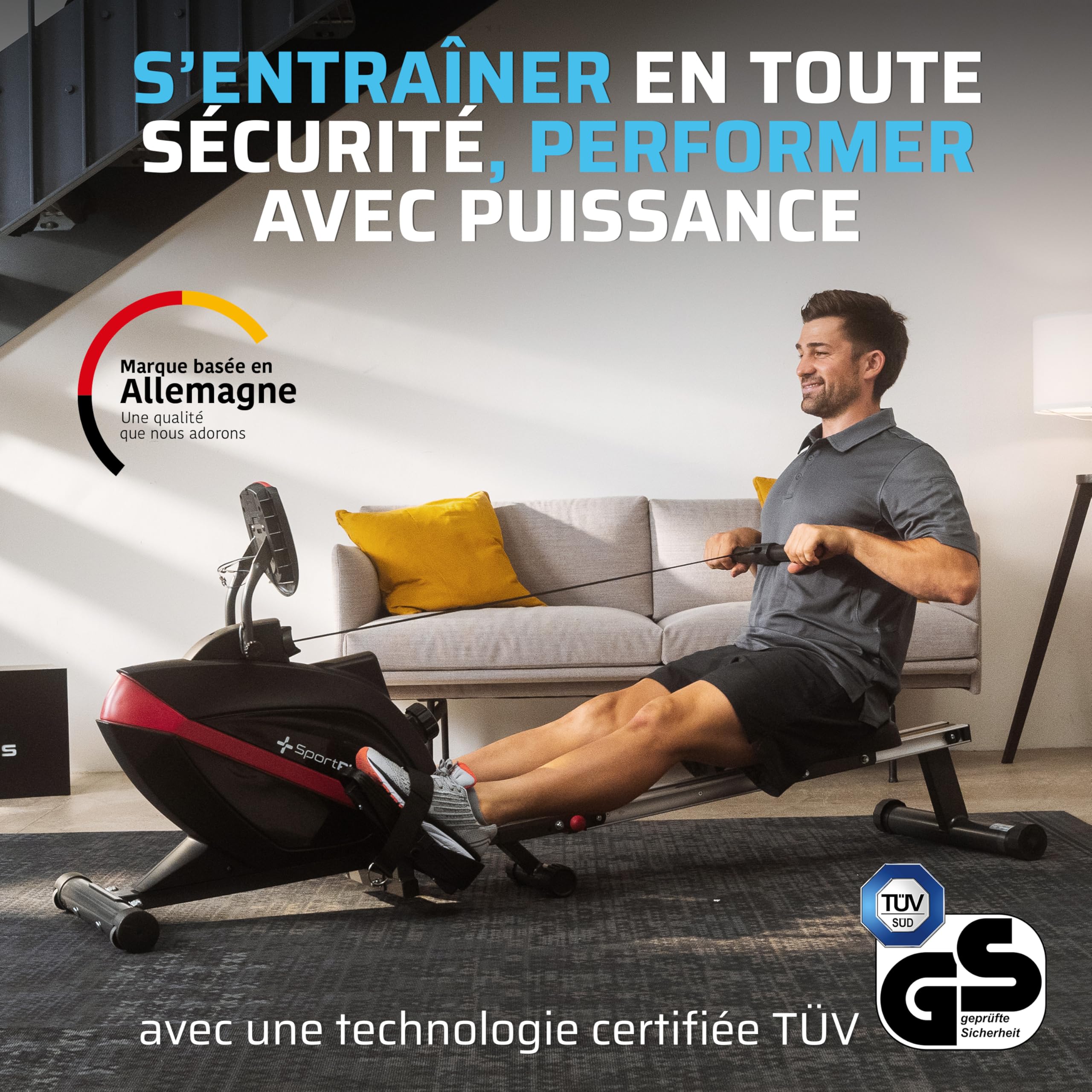 SportPlus Rameur pour la Maison Pliable - Conçu en Allemagne - Système de freinage magnétique Silencieux - 8 Niveaux de résistance, Masse d'inertie de 8 kg - Capacité Maximale 150KG