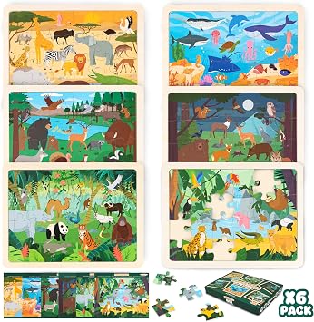 BONNYCO Coffret de 6 Puzzles en Bois Animaux du Monde avec Plateaux et Cartes Modèles (6 x 24 Pièces)