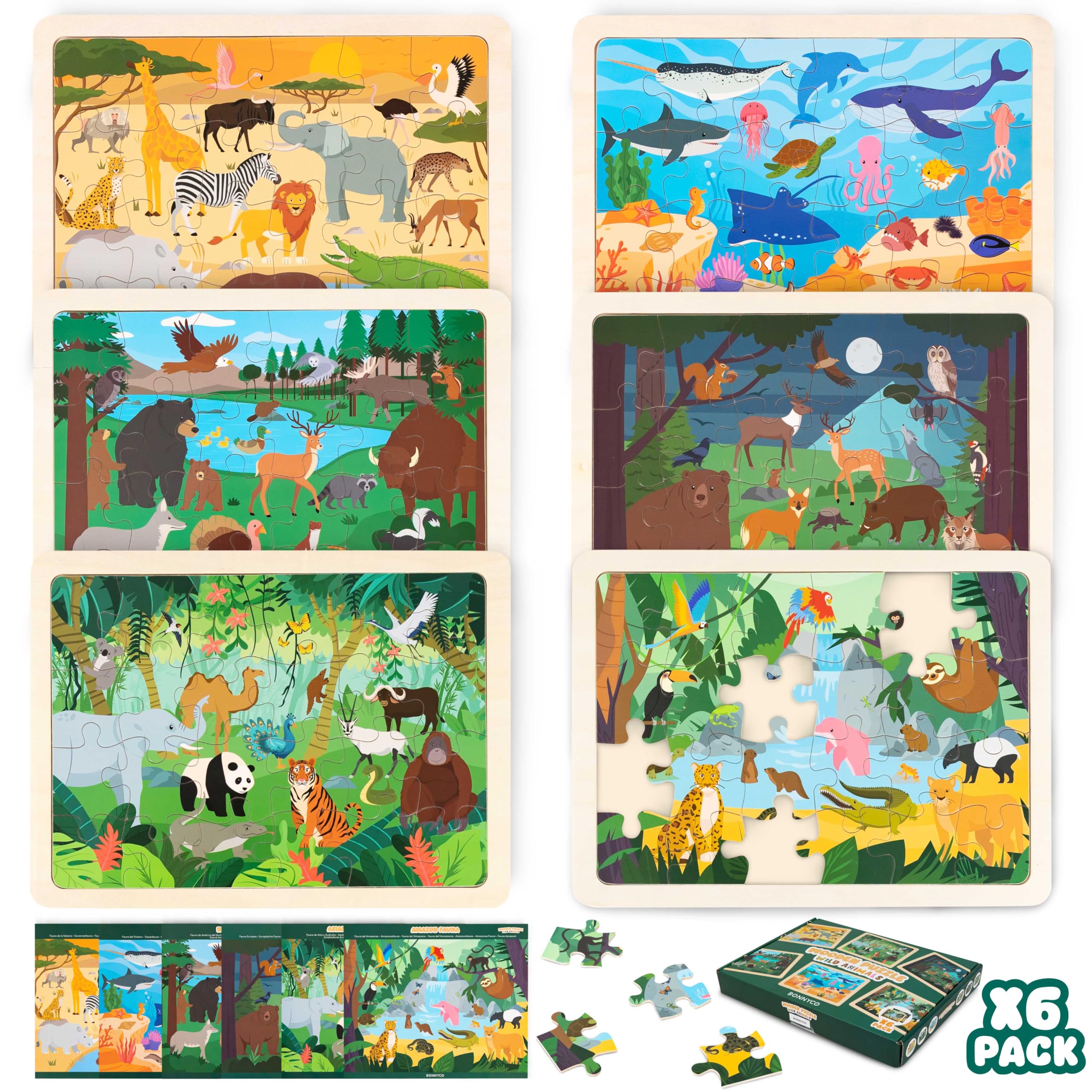 BONNYCO Wooden Puzzle for Children 6 Sets 24 Pcs, Animals of Different Ecosystems. Children's Puzzles with Board, Educational Toys, Gifts for Children 3 to 8 Years, Christmas
