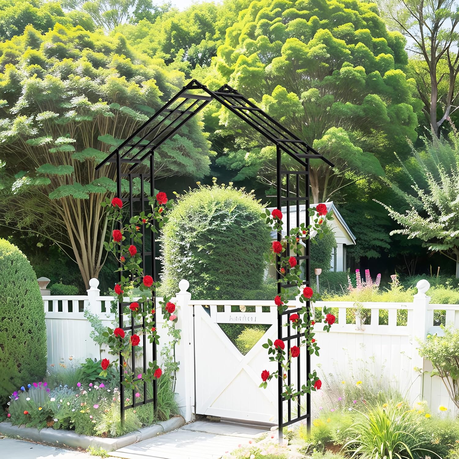 Metal Garden Arbor with Bench, 97" H Garden Arch Trellis for Climbing Plants Outdoor Backyard Lawn, Wedding Arches for Ceremony Decoration (Black L78.15'' x W16.93'' x H77.56'')
