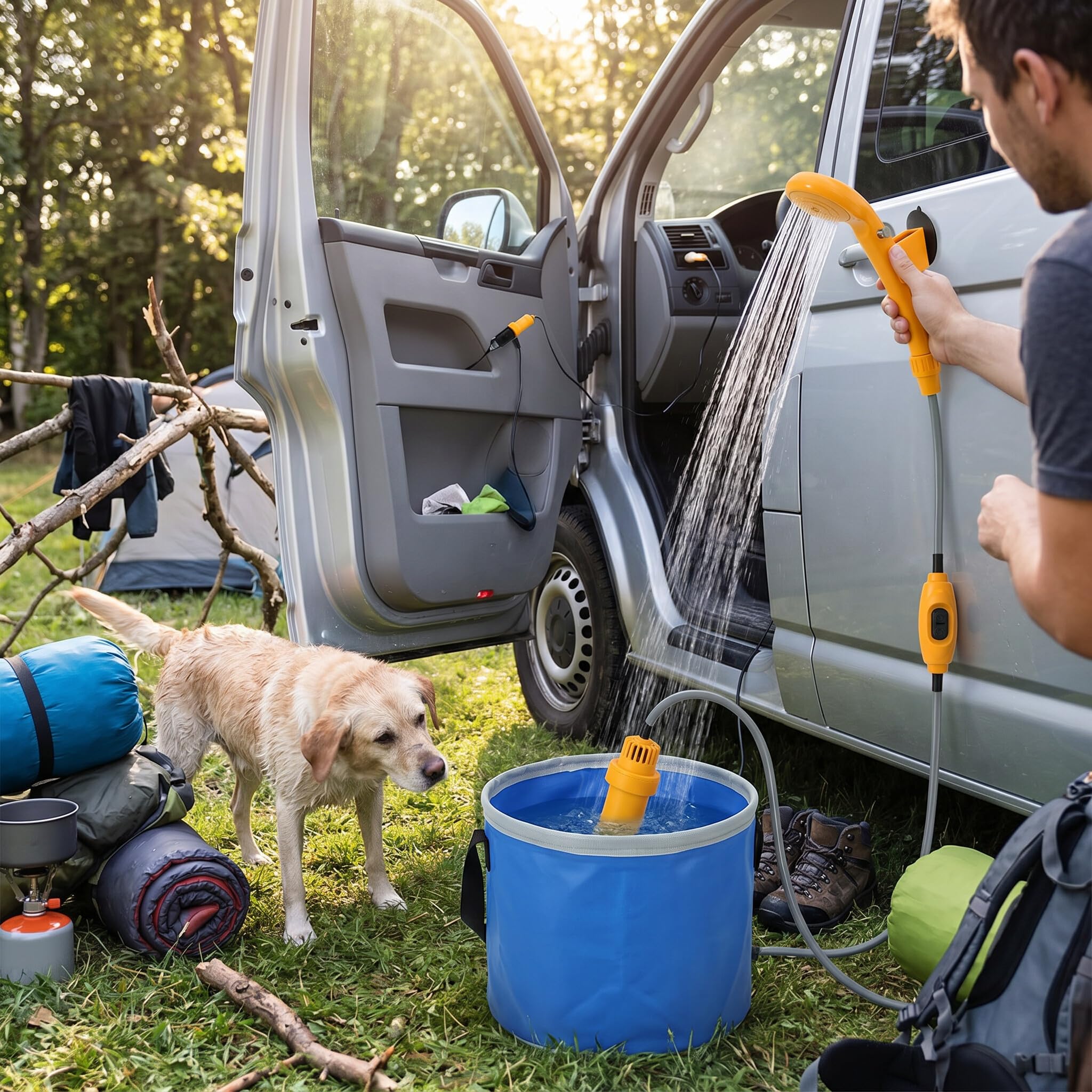 Douche de Camping 12V avec Pompe Submersible, Adaptateur Voiture, Tuyau 2m et Câble 5m, pour Camping, Jardin, Voiture, Animal Domestique