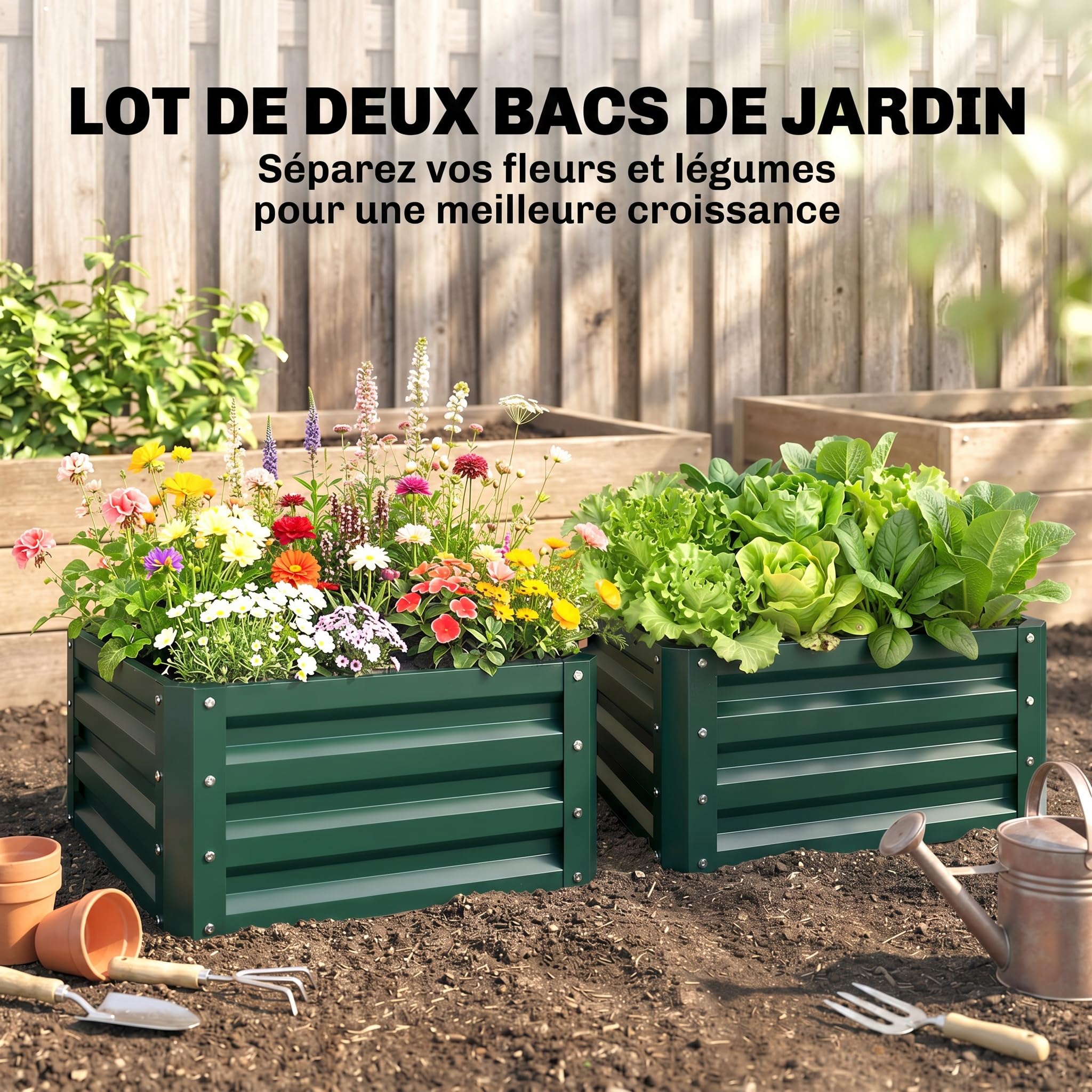 Outsunny Lot de 2 jardinières surélevées en Acier galvanisé 60 x 60 x 30,5 cm, Carre Potager de Jardin pour légumes, Fleurs et Herbes, Vert