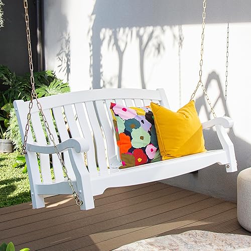 Miniatura 4 de Bonn - Columpio de madera de caoba, color blanco, columpio duradero para exteriores, patio, porche, jardín, cubierta, cómodo, resistente a la