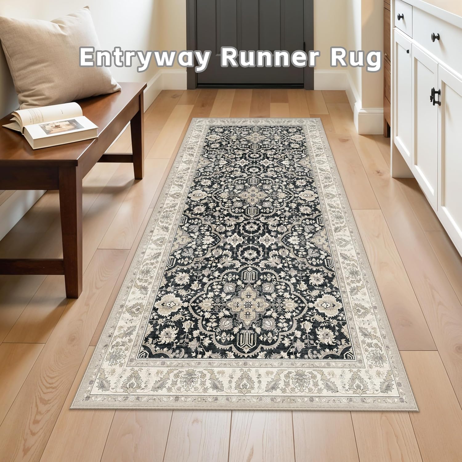 Entryway Runner Rugs Kitchen Mat 3x6 Black Beige - Non-Slip Washable Soft Stain and Spill Resistant Distressed Vintage Rug Low-Pile Thin Carpet for Hallway Bedroom Bathroom Laundry Room