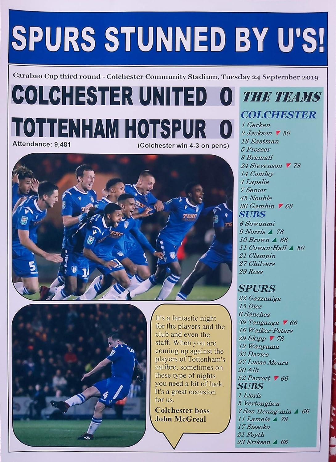 Colchester United 0 Tottenham Hotspur 0-2019 EFL Cup - Souvenir Print