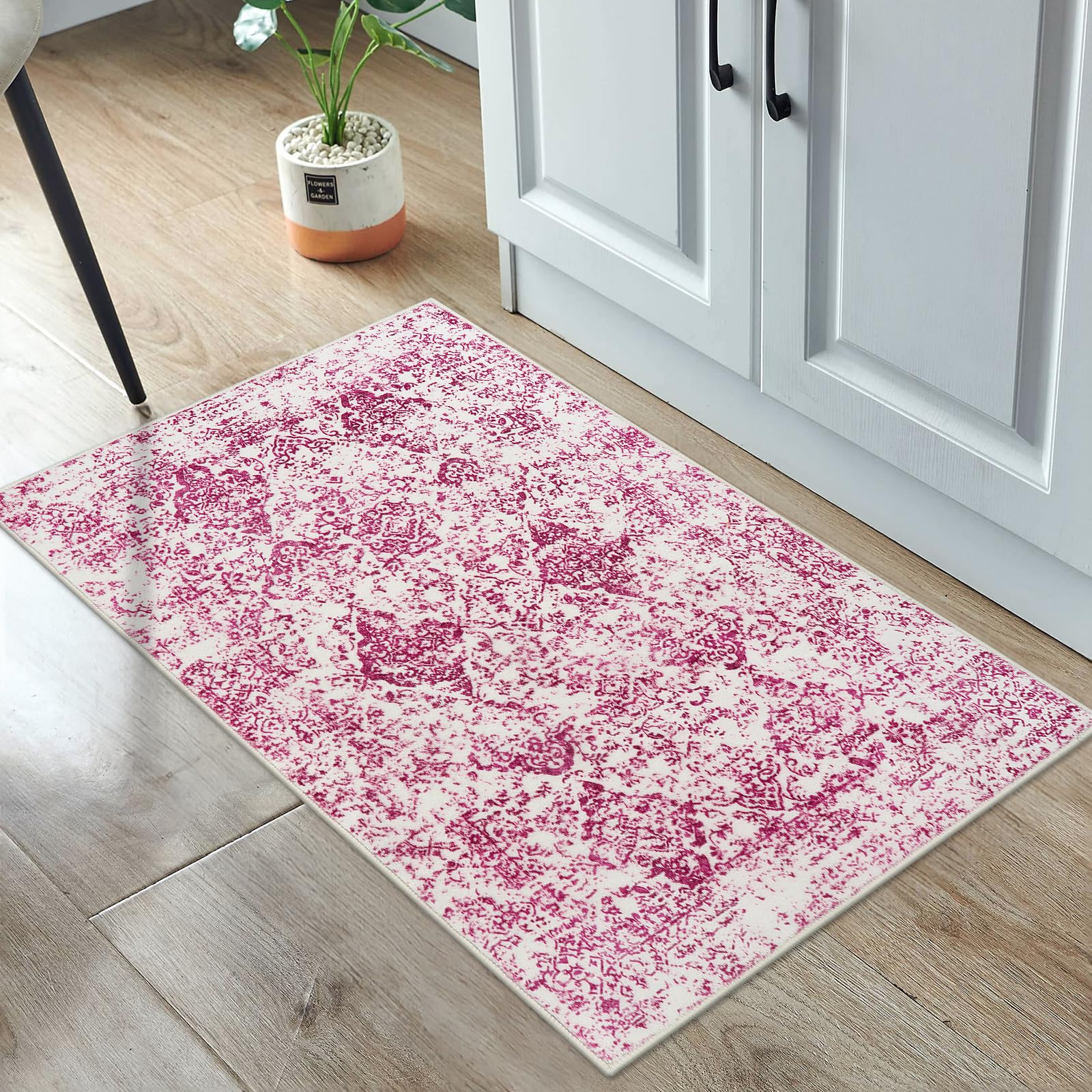 Lahome Moroccan Floral Kitchen Rugs for Entryway, 2x3 Pink Small Area Rug for Bedroom, Non Slip Ultra-Thin Front Door Mat Indoor Entrance Washable Rug for Laundry Bathroom (Pink, 2'x3')