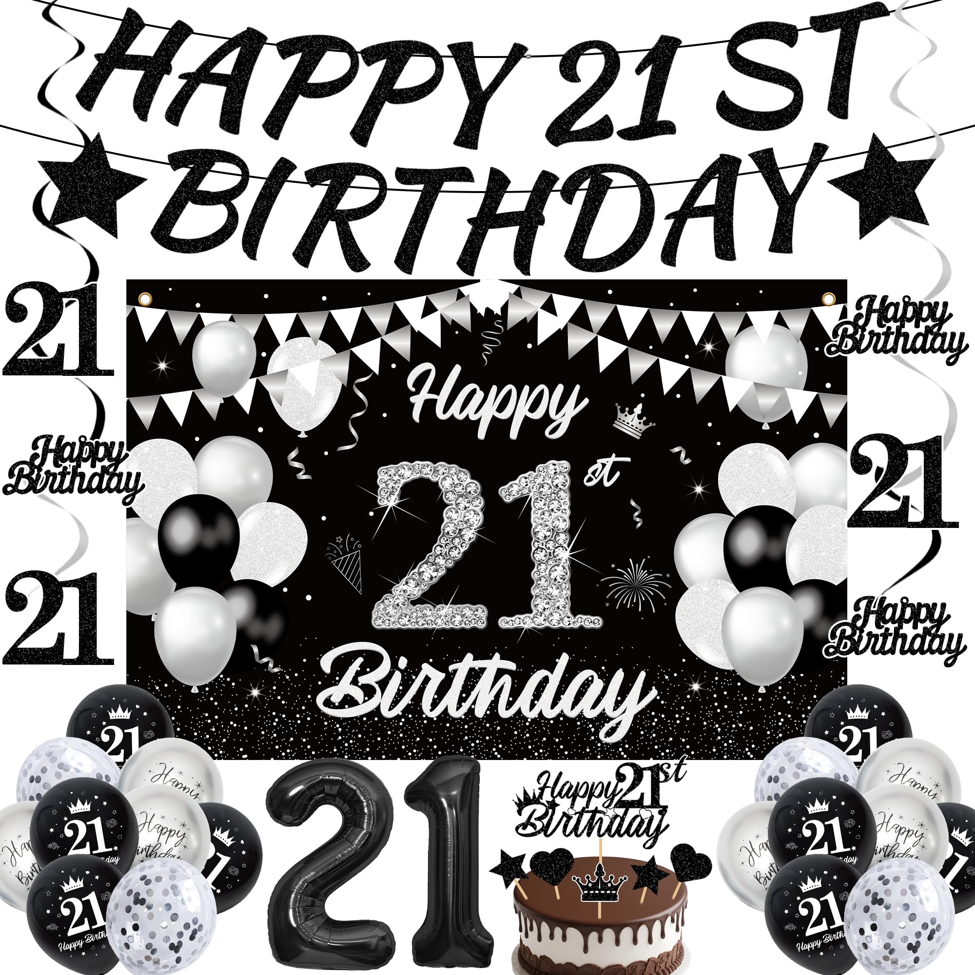 21st Birthday Decorations Boy Black - 30 Pcs Silver Party Decorations including Happy 21st Birthday Banner, Backdrop, Hanging Swirls and Number 21 Balloon for Boys 21 Years Old Party Supplies