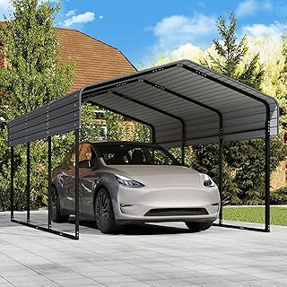 10x15FT Heavy Duty Metal Carport Canopy with Galvanized Steel Roof, Multi-Use Shelter Outdoor Gar...