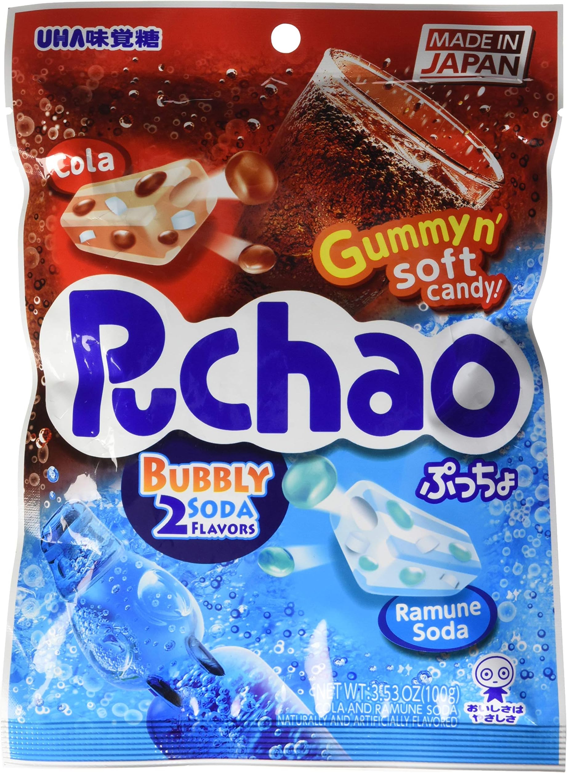 UHA Mikakuto Puchao Soft Candy with Gummy Bits, Cola and Ramune Soda Flavors, 3.53 Ounce