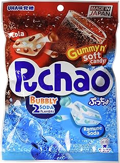 UHA Mikakuto Puchao Soft Candy with Gummy Bits, Cola and Ramune Soda Flavors, 3.53 oz (Pack of 6)