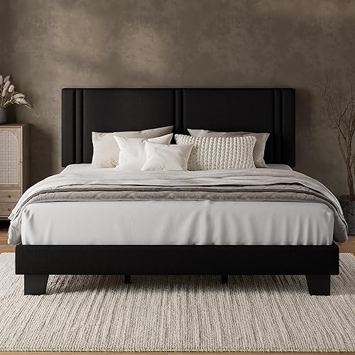 Miniatura 16 de iPormis Base de cama de plataforma Queen con cabecera tapizada de tela y patas gruesas, base de colchón con soporte de listones de madera maciza, no