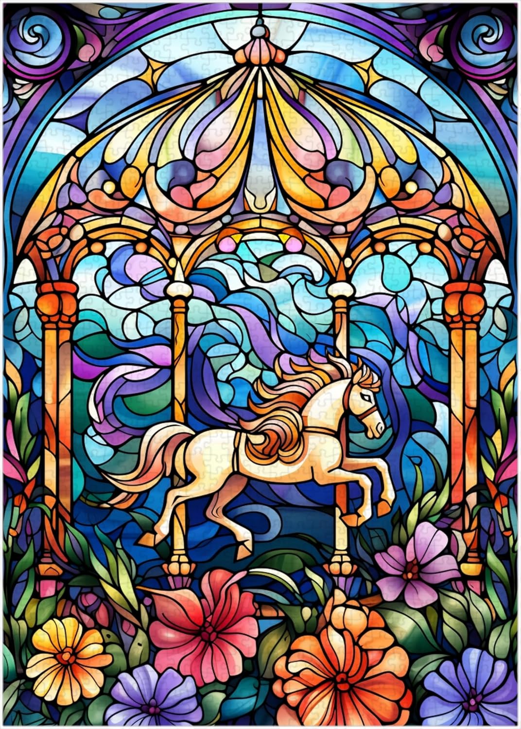 Stained Glass Carousel Jigsaw Puzzle 300/500/1000 Piece (300pc (28×40cm))