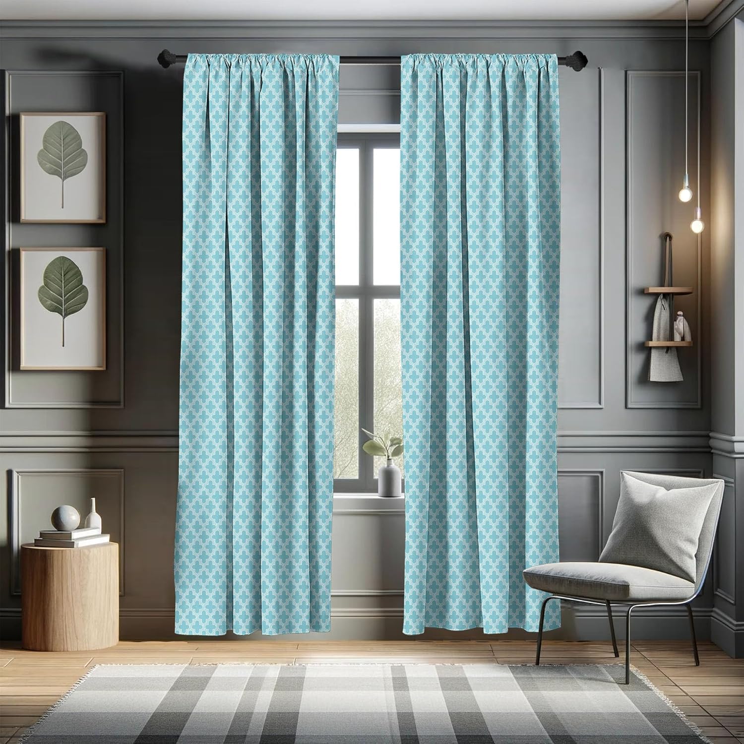 Ambesonne Traditional Window Curtains, Oriental Themed Quatrefoil Lattice Like Motif Monochromatic Pattern, Lightweight Decor 2-Panel Set with Rod Pocket, Pair of - 28" x 95", Blue White