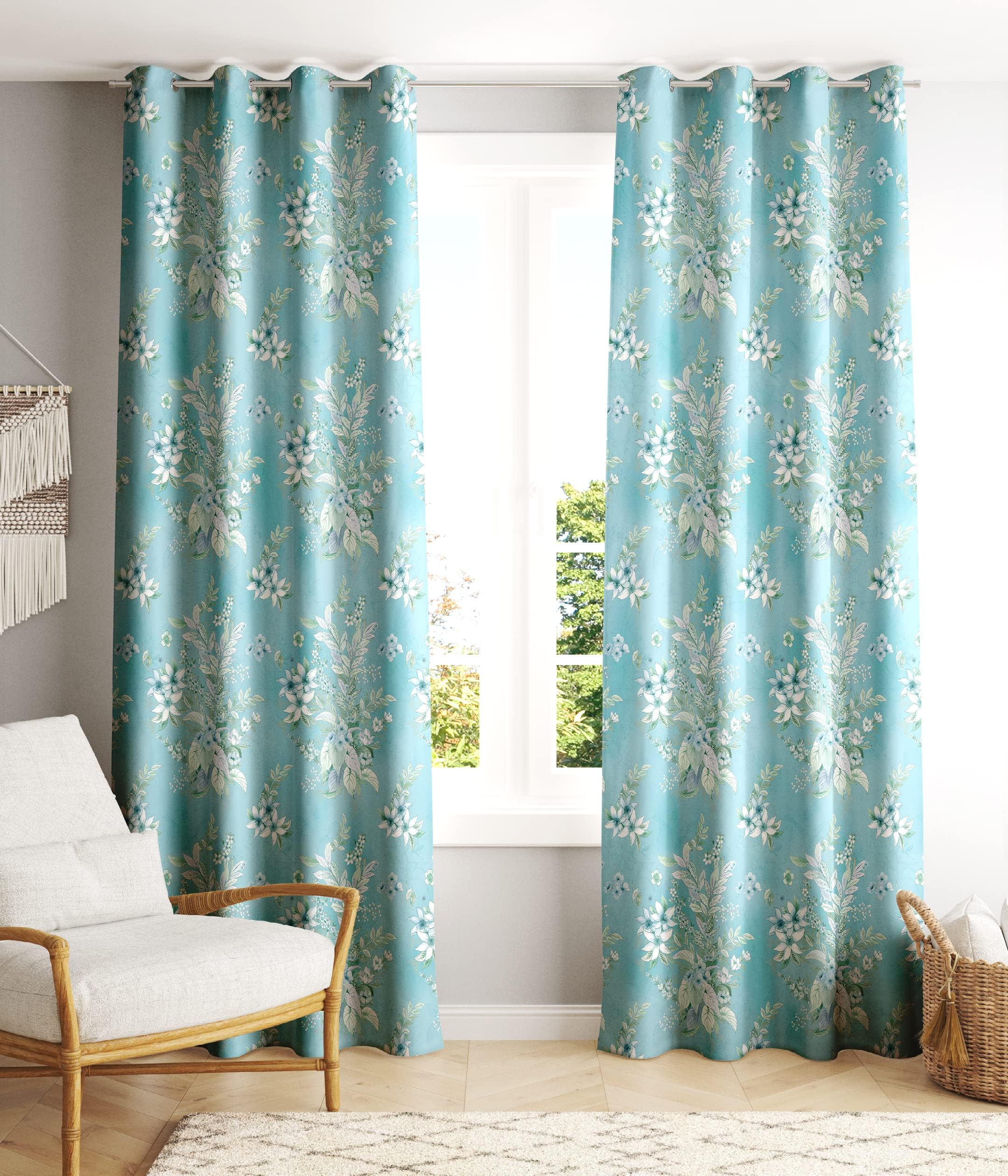 Lush Decor Digital Printed Floral Polyester Curtains for Door -9 Feet Pack of 2 (UTDS-11215_Light Firozi_9 Feet_New)