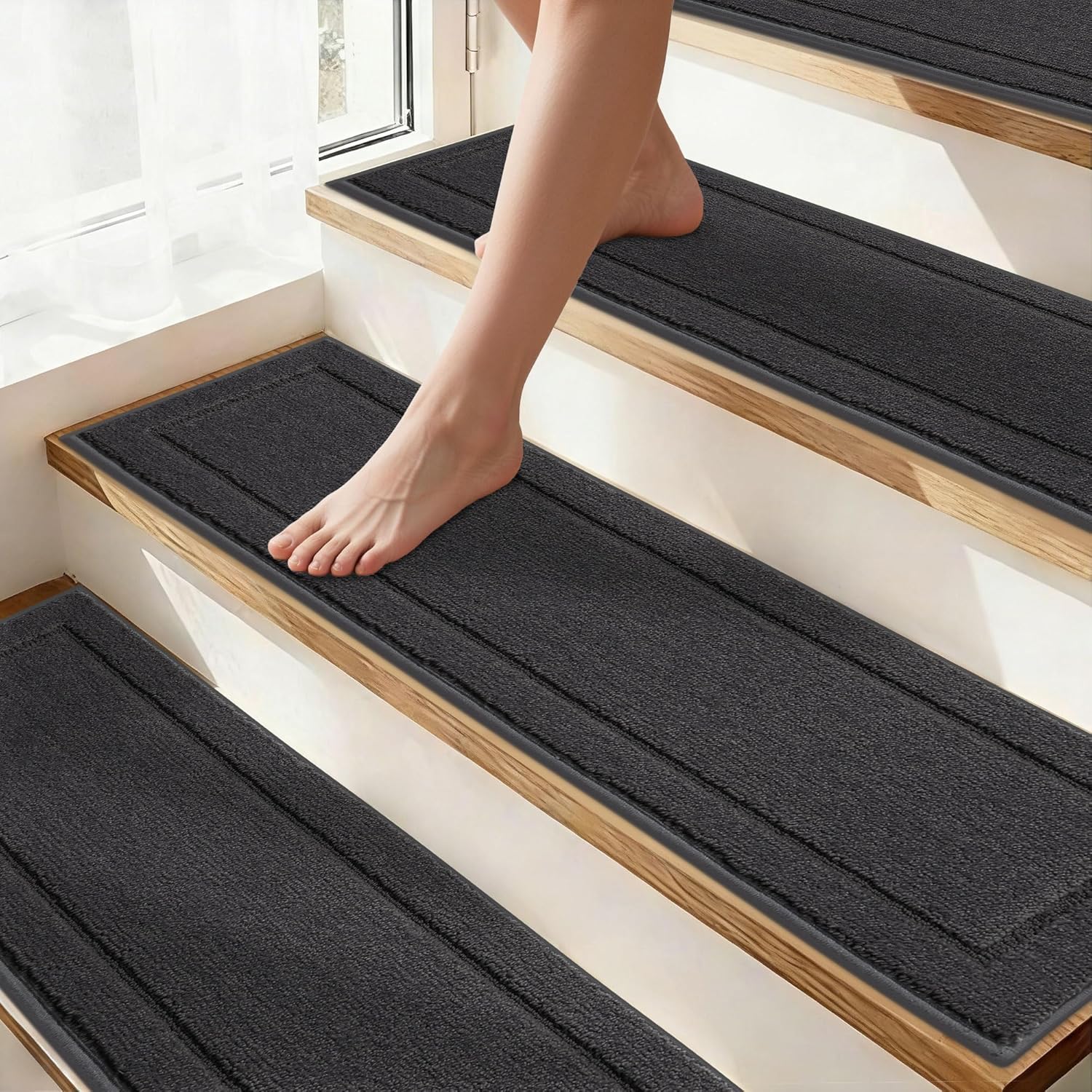 Non-Slip Stair Treads for Wooden Steps Indoor, 15 Pack 8" X 30" Edging Stair Rugs with TPE Backing,0.45" Thick Carpet Stair Treads for Kids Elders & Pets, 100% Polyester Soft Stair Runners, Dark Grey
