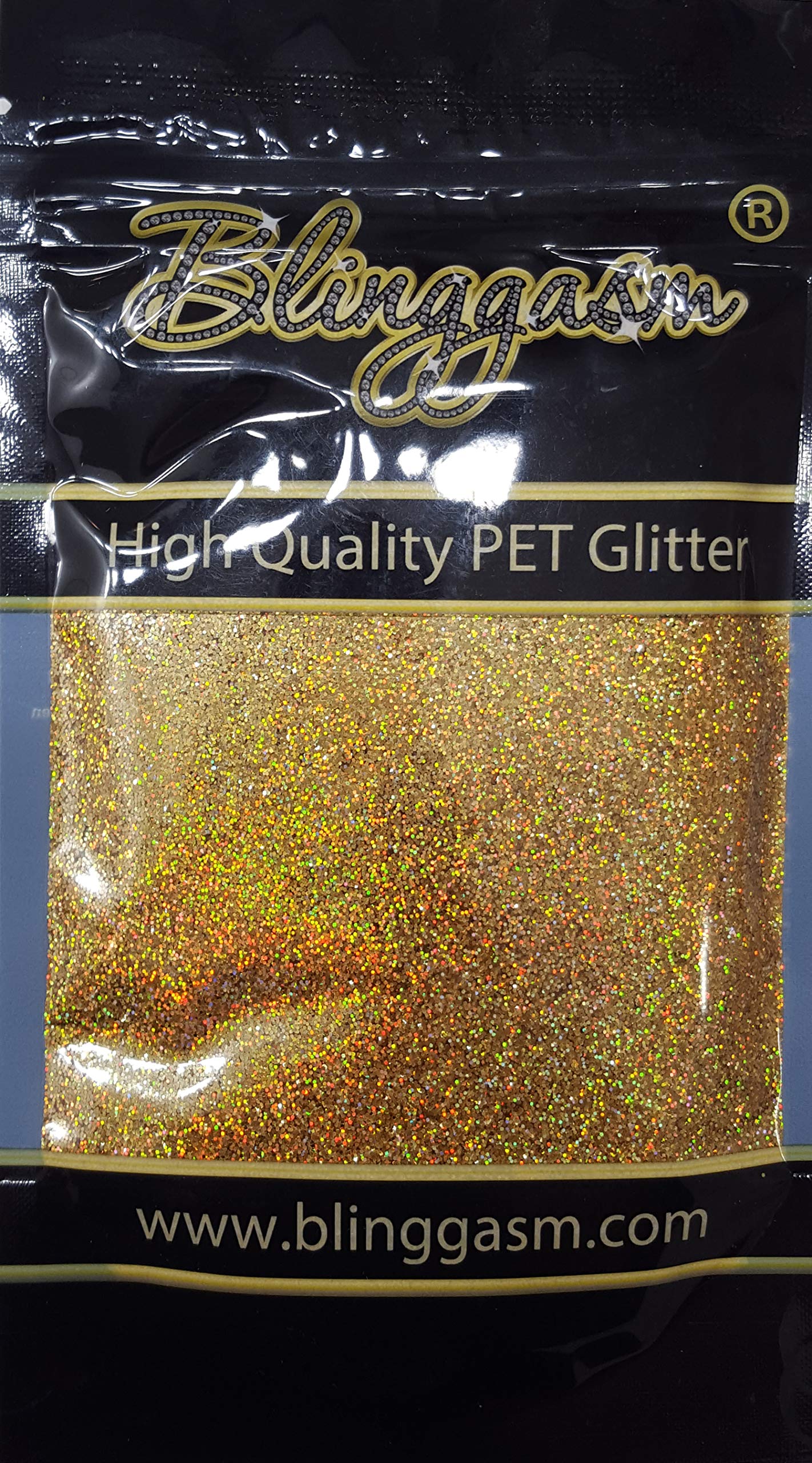 Blinggasm Premium Solvent Resistant Polyester Glitter 3.5 oz by Weight .008 or .015 Use for Tumblers Decoration Crafts Nails Cosmetics Body Paint (Holographic #2LB200 Gold.008 (1/128") 3.5 oz)