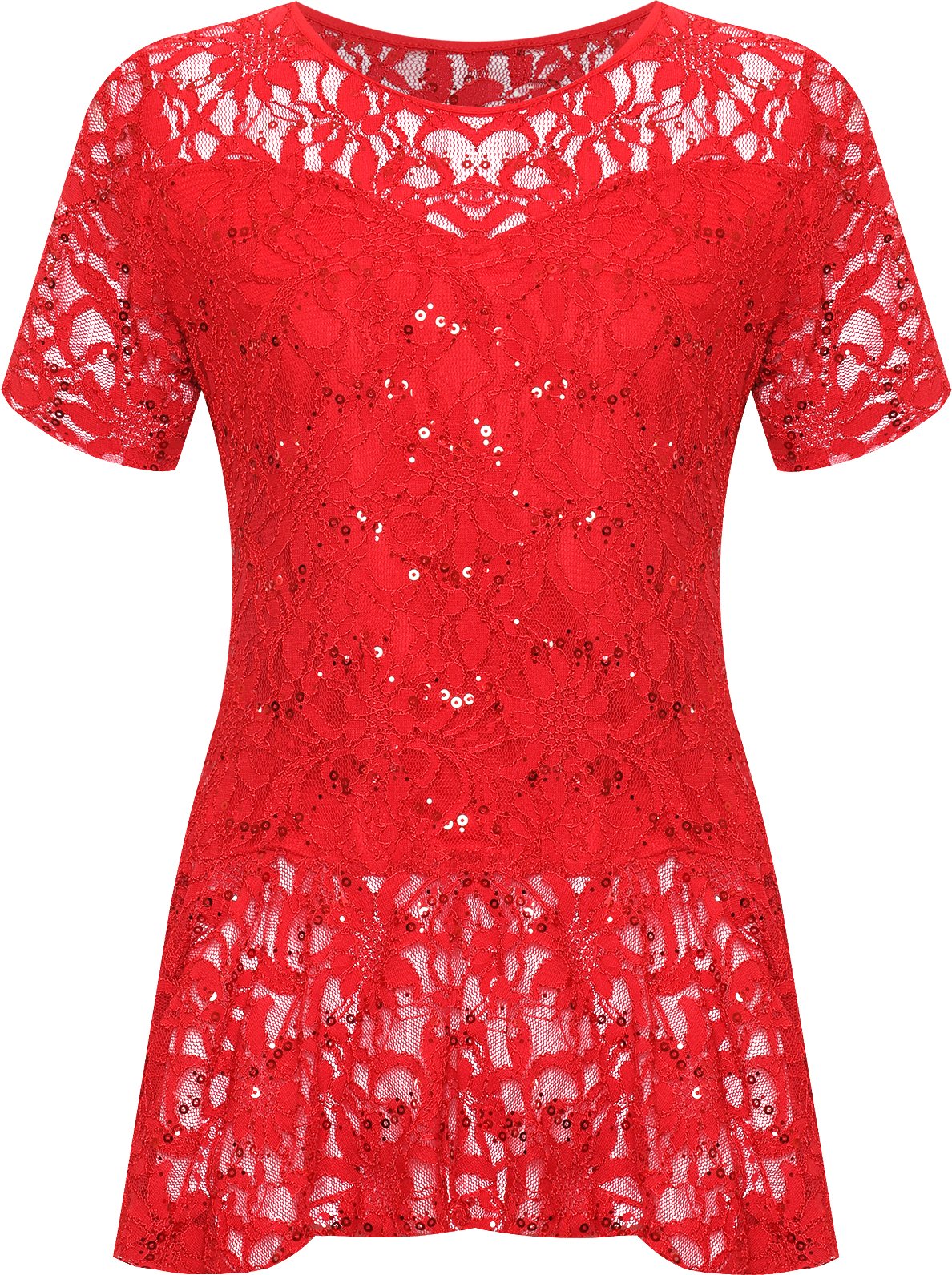 GOSTYLES® Womens Lace Sequin Short Sleeve Peplum Frill Top, Ladies Soft Stretchy Evening, Party, Casual Wear Stylish Elegant Blouse (Red, 20)