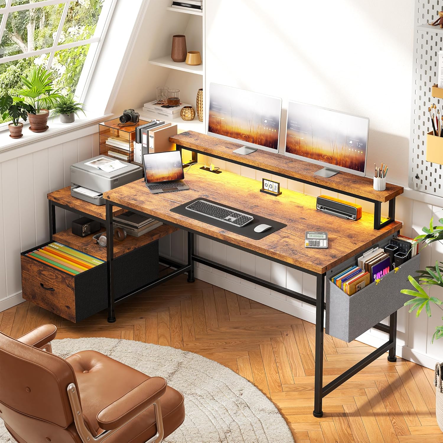 Computer Desk with Monitor Stand,Office Desk with LED Lights &Power Outlets,Gaming Desk with Drawers & Printer Shelf,Writing Table with Side Storage Bag,57" W x 20" D x 36" H,Rustic Brown